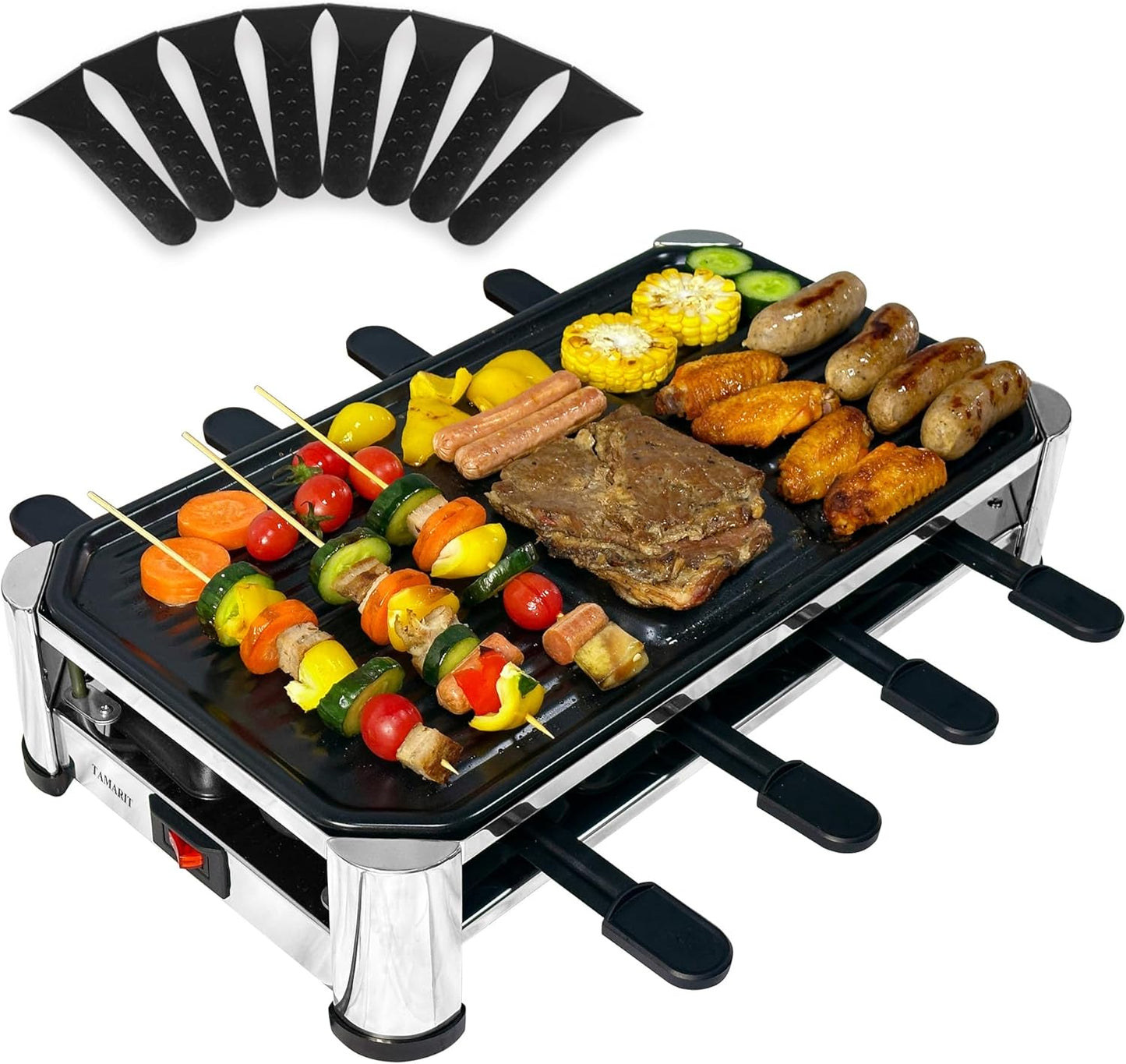 TAMARIT 8-Person Raclette Grill, Electric Party Grill with Nonstick Plate, 8 Pans & Spatulas, 1500 W (Indoor), Stainless Steel