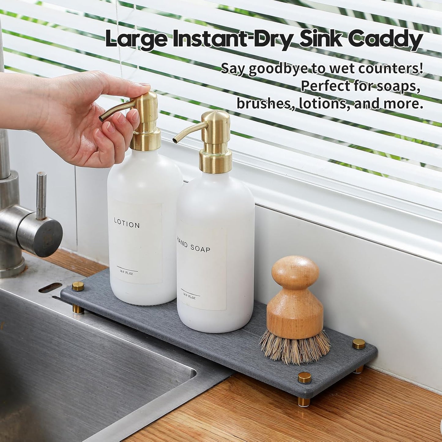 Kitchen Sink Caddy Water Absorbing Stone Drying Tray, Diatomite Bathroom Sink Organizer, Faucet Counter Mat Coaster, Soap Dish Rack Riser Dispenser Sponge Holder, Dark Gray Gold -12.5" x 4.5"