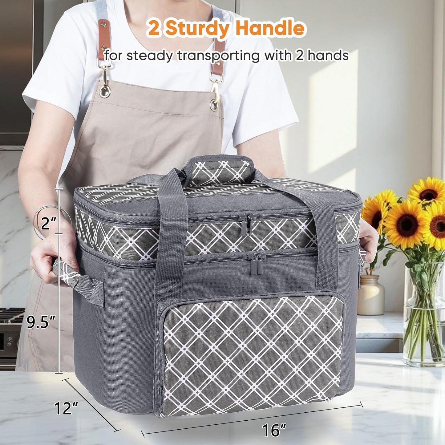 Double Layer Slow Cooker Carrier Bag – Fits 6–8 Qt Oval Slow Cooker Compatible with CrockPot & Hamilton Beach | Insulated Travel Tote with Utensil Storage & Adjustable Straps