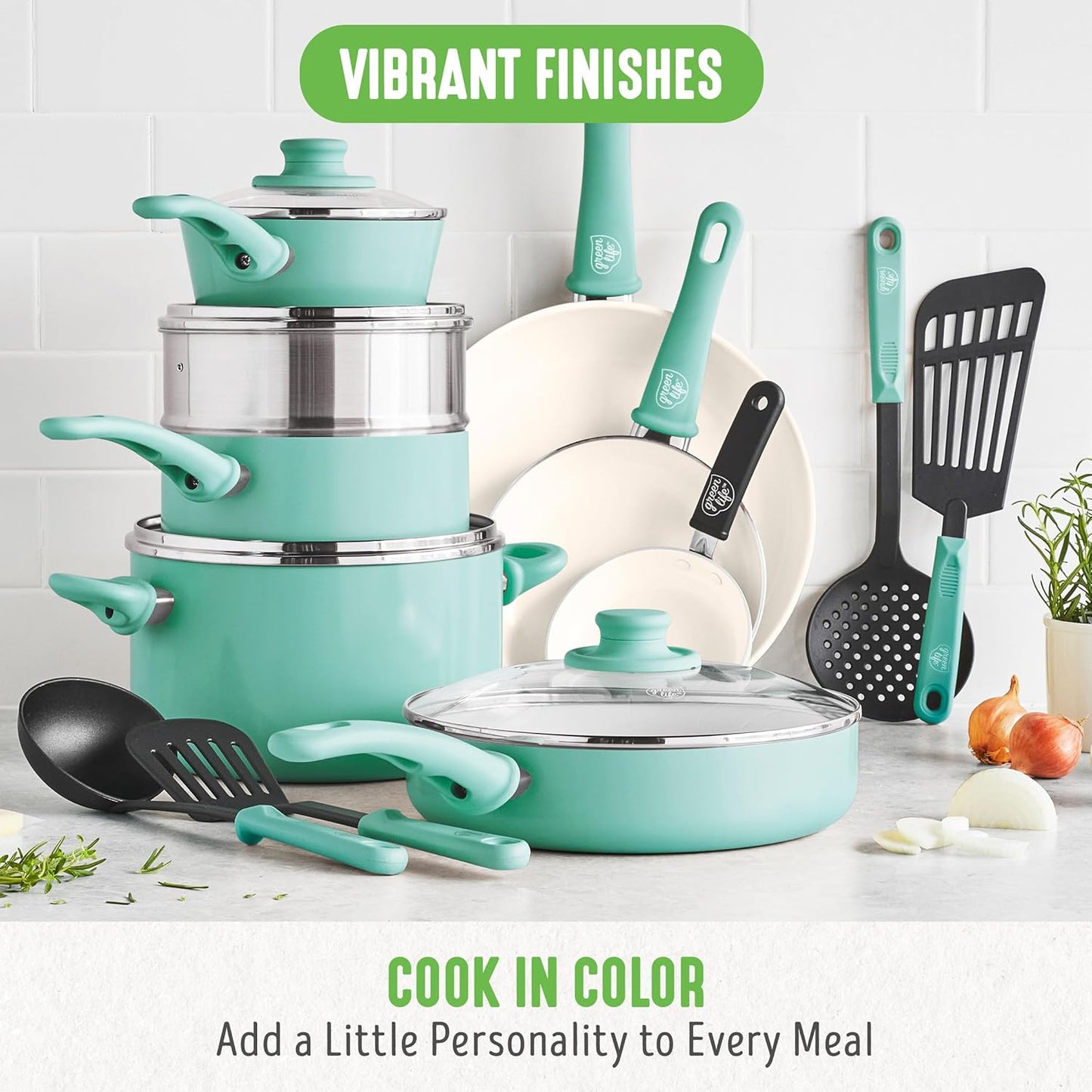 GreenLife Soft Grip 16 Piece Cookware Set, Non-Toxic PFAS-Free Ceramic Nonstick, Pots, Frying, Sauce, Saute, Glass Lids, Stay-Cool Handles, Wobble Free Bases, Dishwasher & Oven Safe, Turquoise