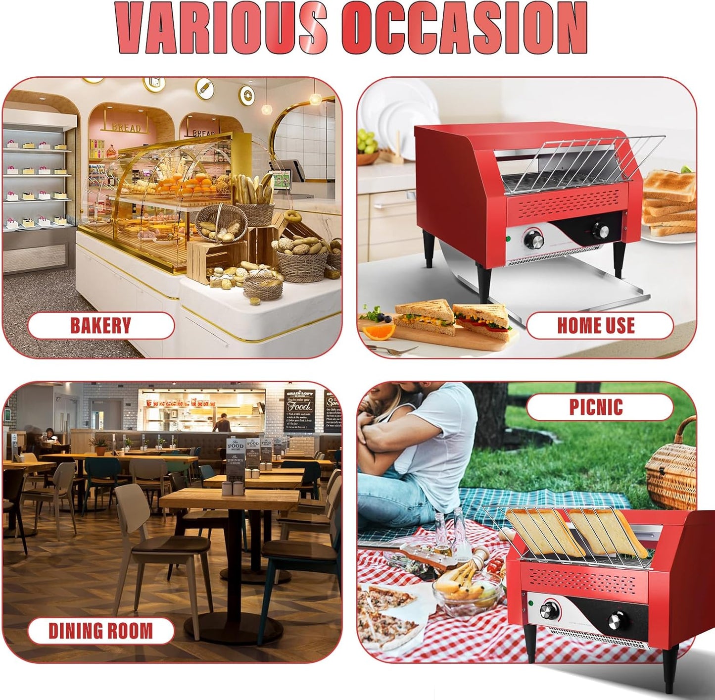 Commercial Conveyor Toaster 450 Slices/Hour Red Conveyor Toaster 3 Modes/7 Speeds Stainless Steel Tabletop Toaster for Toast, Bagels and Other Baked Breads