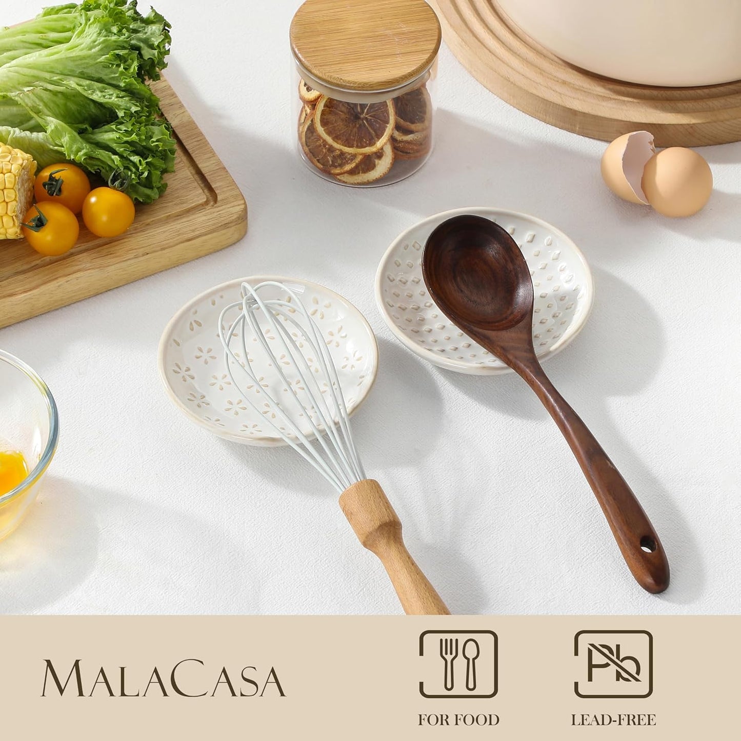 MALACASA 4 Pack Ceramic Spoon Rests for Stove Top, 4.8 inch Cooking Spoon Holder for kitchen counter, Heat-Resistant Utensil Rest, Ladle Holder Dishwasher Safe - 05, Series LYDIA