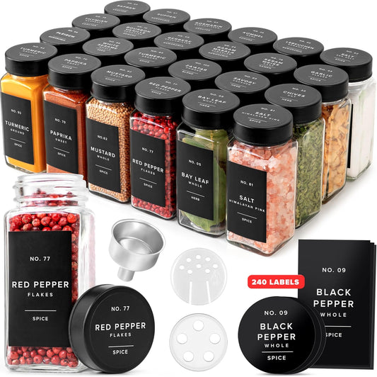 Glass Spice Jars with Label and Stainless Steel Lids (24 x 4oz) Spice Containers with 240 Labels, Shaker Inserts, Steel Funnel, Empty Square Empty Square Seasoning Organizer (Black)