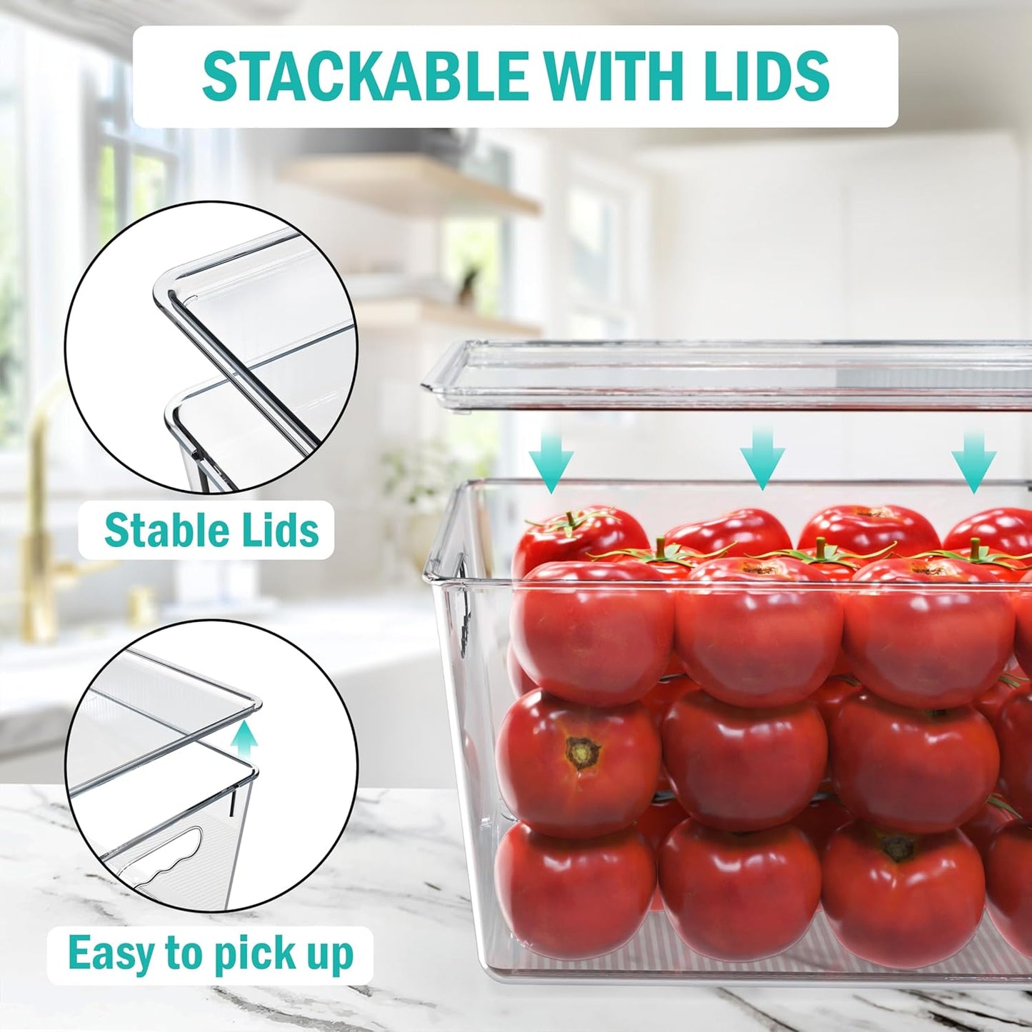 YAN & HIN 6 pcs/set Large Clear Storage Bins with Lids - Stackable, Transparent Pantry Storage with Handles - Nest Nicely for Easy Organization (11 "L x 7.5" W x 6.1 "H)