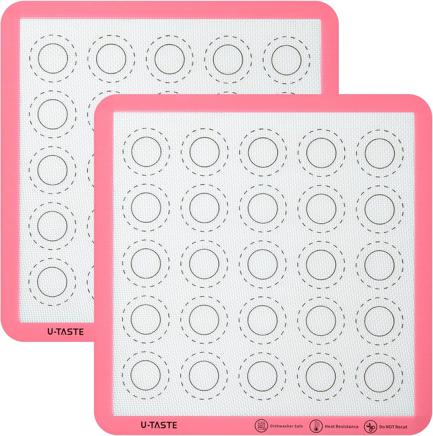 446ºF Heat Resistant Macaron Mat: U-Taste 11x11in Non Stick Silicone Baking Mat, Reusable Cookies Pastry Sheet Liner with Edge Enhancement & Circle Measurement for Square Cake Pan (2 PCS, Pink)