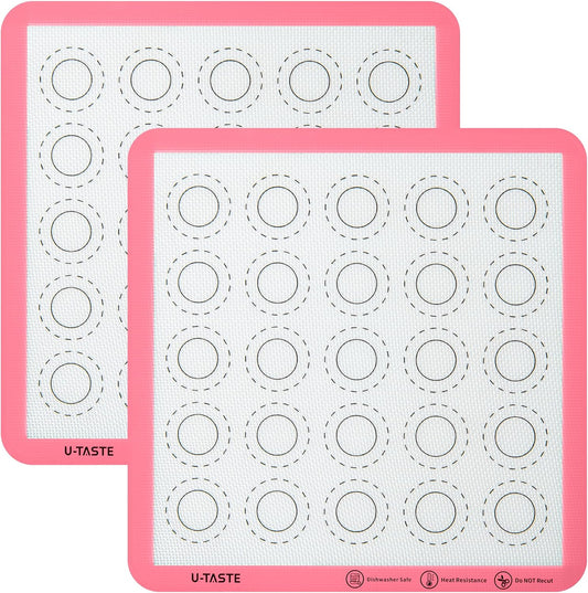 446ºF Heat Resistant Macaron Mat: U-Taste 11x11in Non Stick Silicone Baking Mat, Reusable Cookies Pastry Sheet Liner with Edge Enhancement & Circle Measurement for Square Cake Pan (2 PCS, Pink)