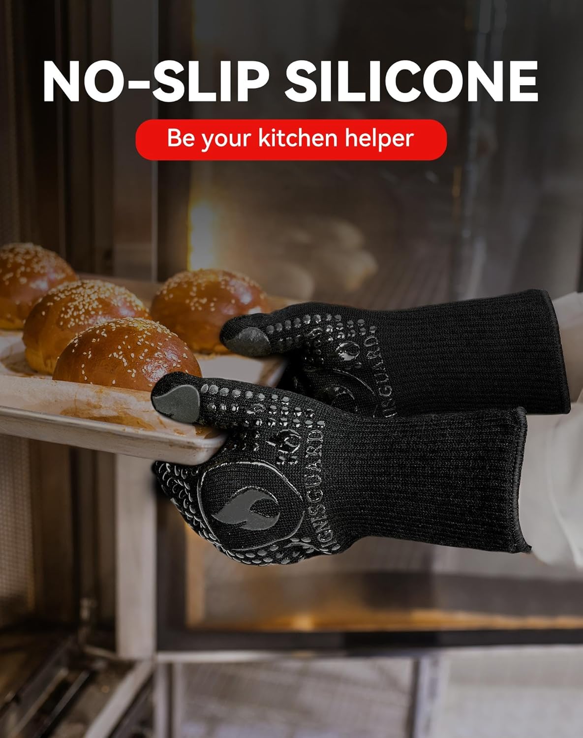 BBQ & Grill Gloves, Oven Gloves, 1472°F Silicone Oven Mitts Heat Resistant Grilling Gloves Fireproof Non-Slip for Barbecue Cooking Baking Smoking, 1-Pair Black（M）