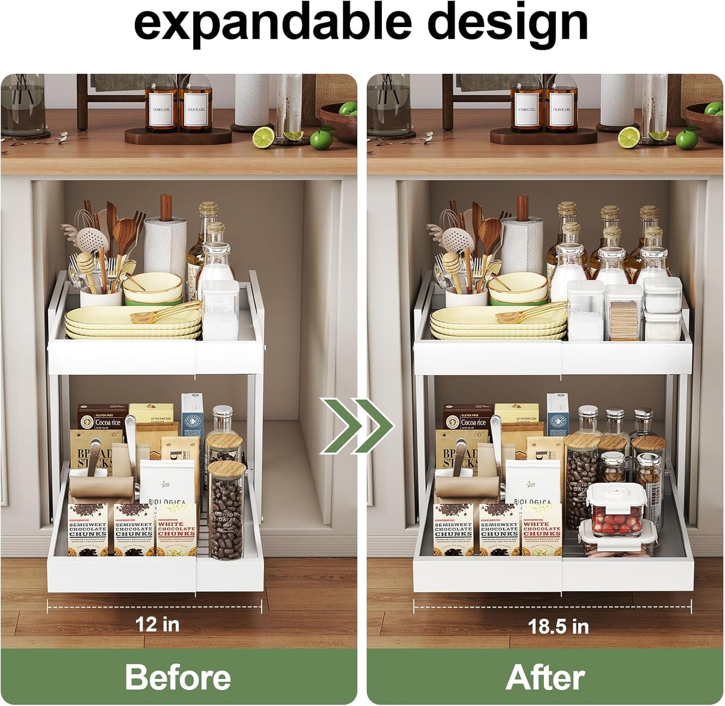 2 Tier Pull Out Cabinet Organizer ,Adjustable Width & Height,Expandable Pull-Out Drawers For Cabinets, Slide Out Shelves for Kitchen Cabinets / Countertop / Pantry,Heavy-Duty & Easy to Install(White)