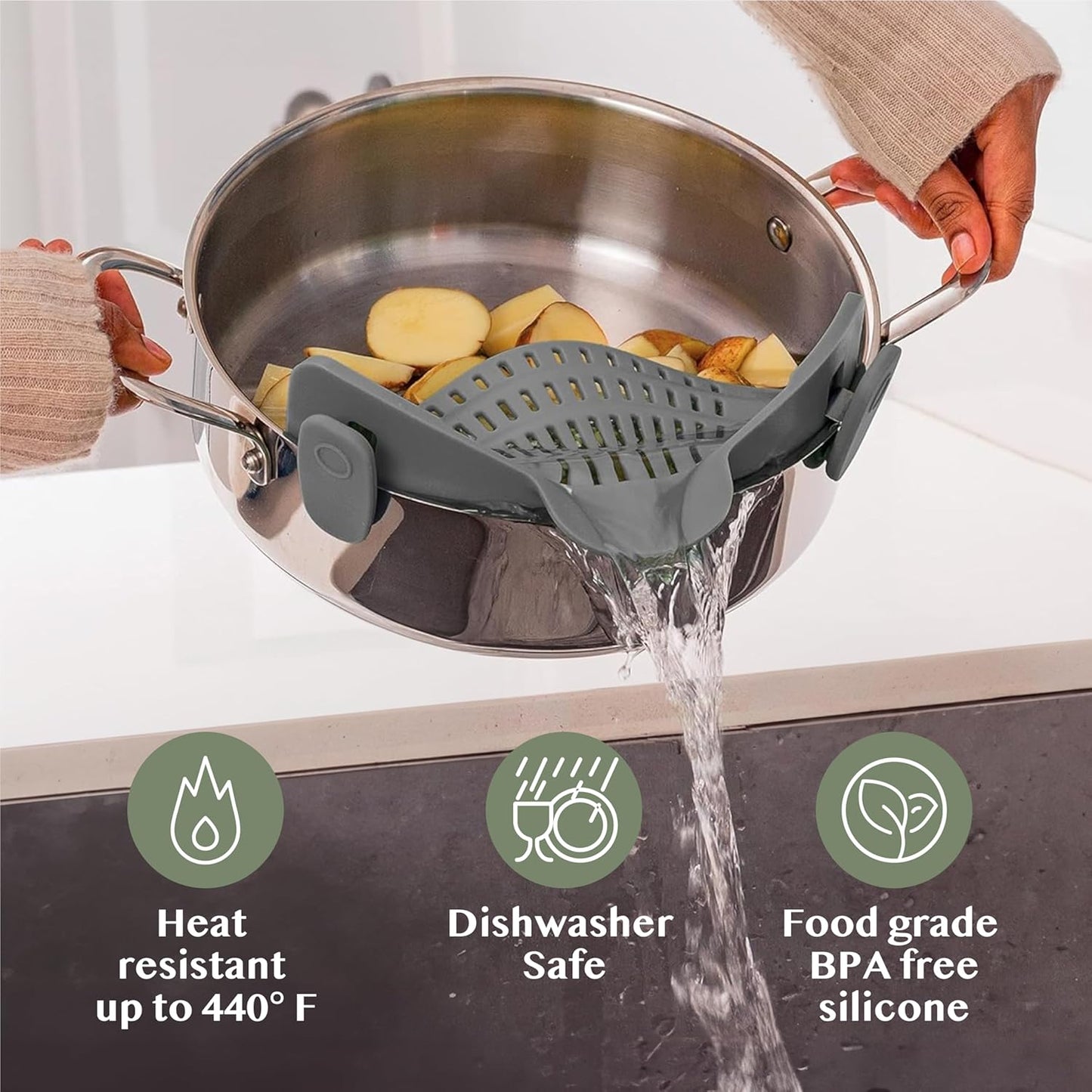 2 Pack Kitchen Gizmo Snap-On Strainer - Silicone Clip-On Strainer for Pots and Pans - Collapsible Design - Heat Resistant Colander for Vegetables and Noodles - Ideal for Rice, Grains - Green/Grey