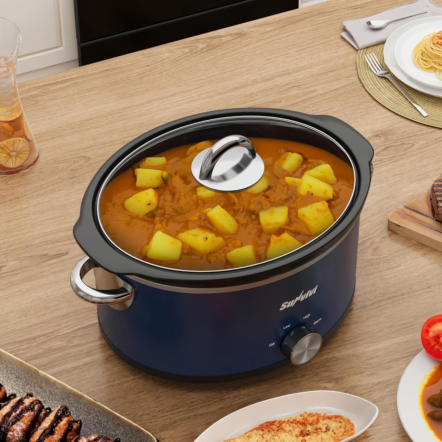 Sunvivi 3 Quart Slow Cooker & Mini Food Warmer with 3 Heating Settings, Removable Ceramic Pot, Dishwasher Safe Glass Lid, Stainless Steel, Blue