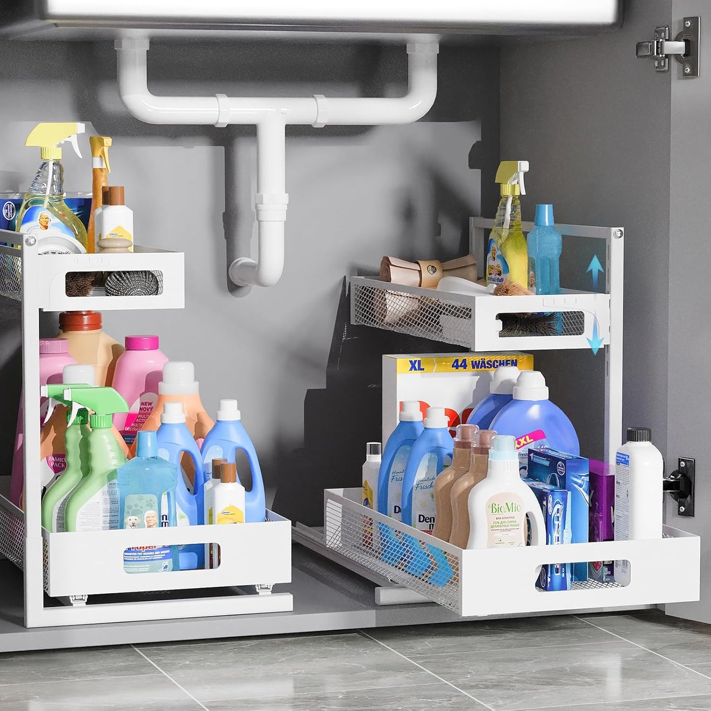 Full Metal Under Sink Organizer 2-Tier, Pull Out Cabinet Organizers and Storage, Silk-Smooth Sliding Drawer for Kitchen, Bathroom, Pantry, Cabinet, Closet (White, 2 Pack)