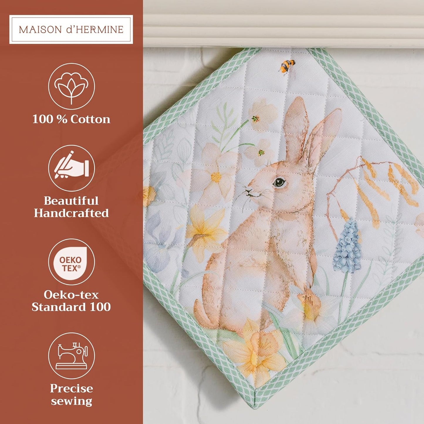 Maison d' Hermine Pot Holders Set 100% Cotton Heat Resistant Potholders 8" x 8" Hot Pads with Loop BBQ, Cooking, Baking, Grilling, Kitchen, Handling Hot Pans Spring/Summer (Pack of 2, Easter Dew)