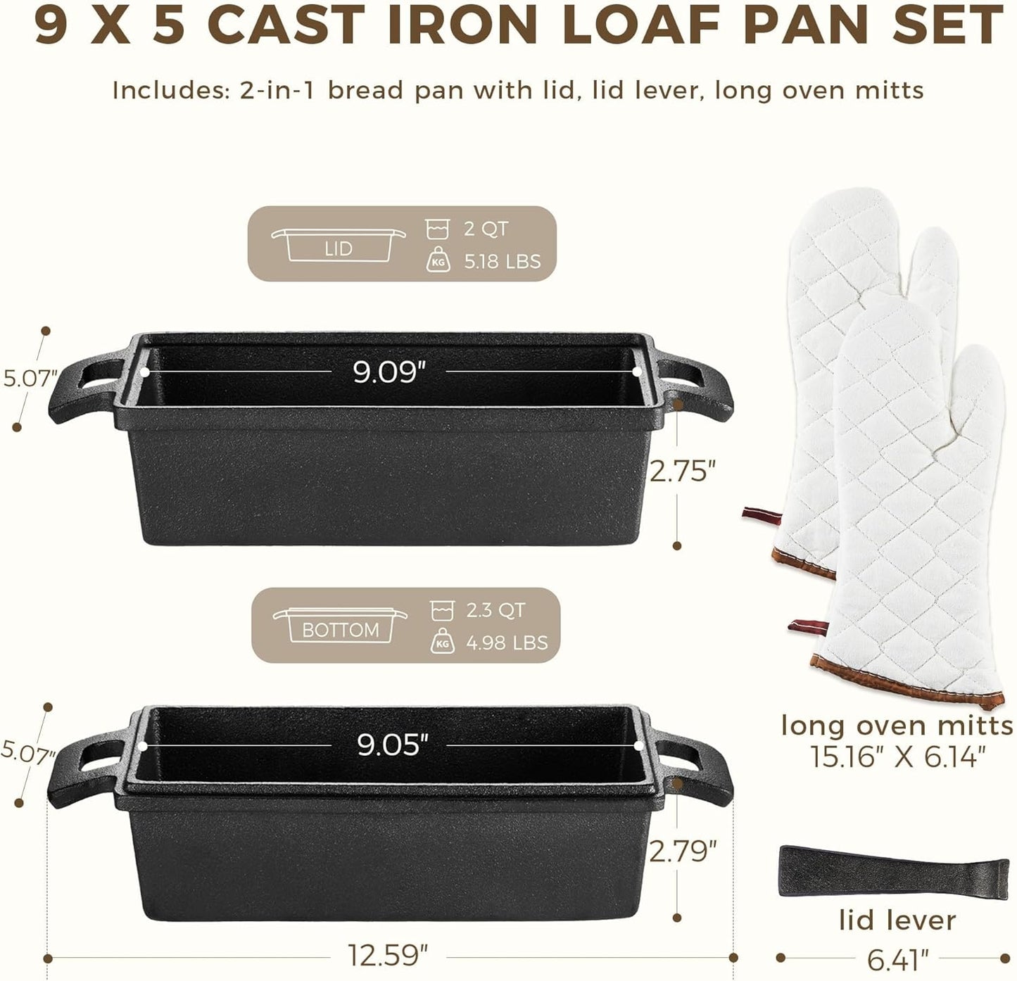 HONGBAKE 2 in 1 Cast Iron Bread Pan with Lid, Lid Lever, Long Oven Mitts, 9x5 Loaf Pans for Homemade Bread, Sourdough Baking Pan, Pre-Seasoned Nonstick Rectangular Dutch Oven, Banana Bread Tins