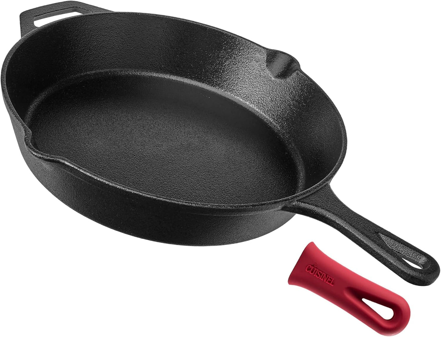 Cuisinel Cast Iron Skillet - 12"-Inch Frying Pan with Assist Handle + Red Silicone Grip Cover - Pre-Seasoned Oven Safe Cookware - Indoor/Outdoor Use - Grill, Stovetop, Induction, BBQ and Firepit Safe