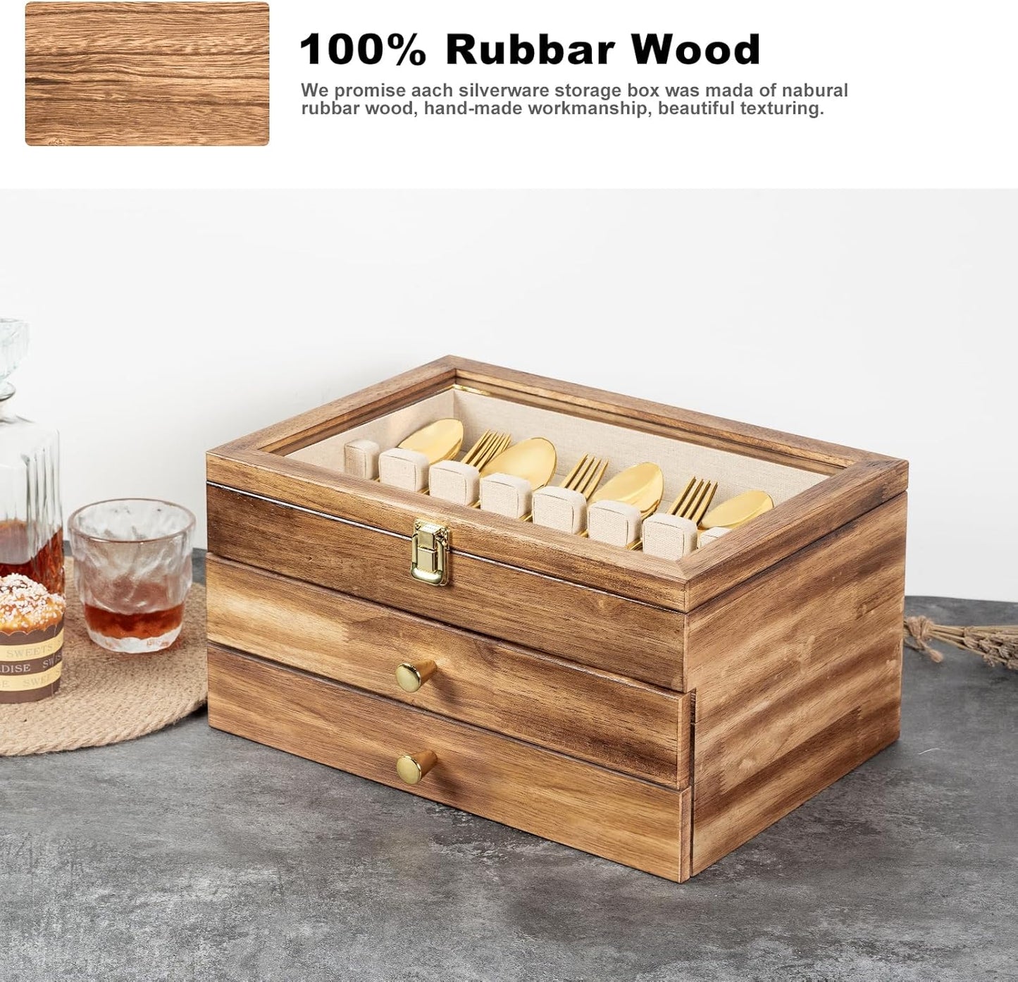 Silverware Box, 3-Layer Wooden Silverware Storage Box with Glass Lid, 14.5×10.6 Inches Vintage Style Decor Flatware Storage Case for Fine Flatware & Utensils, Gift Idea (Torched Wood)