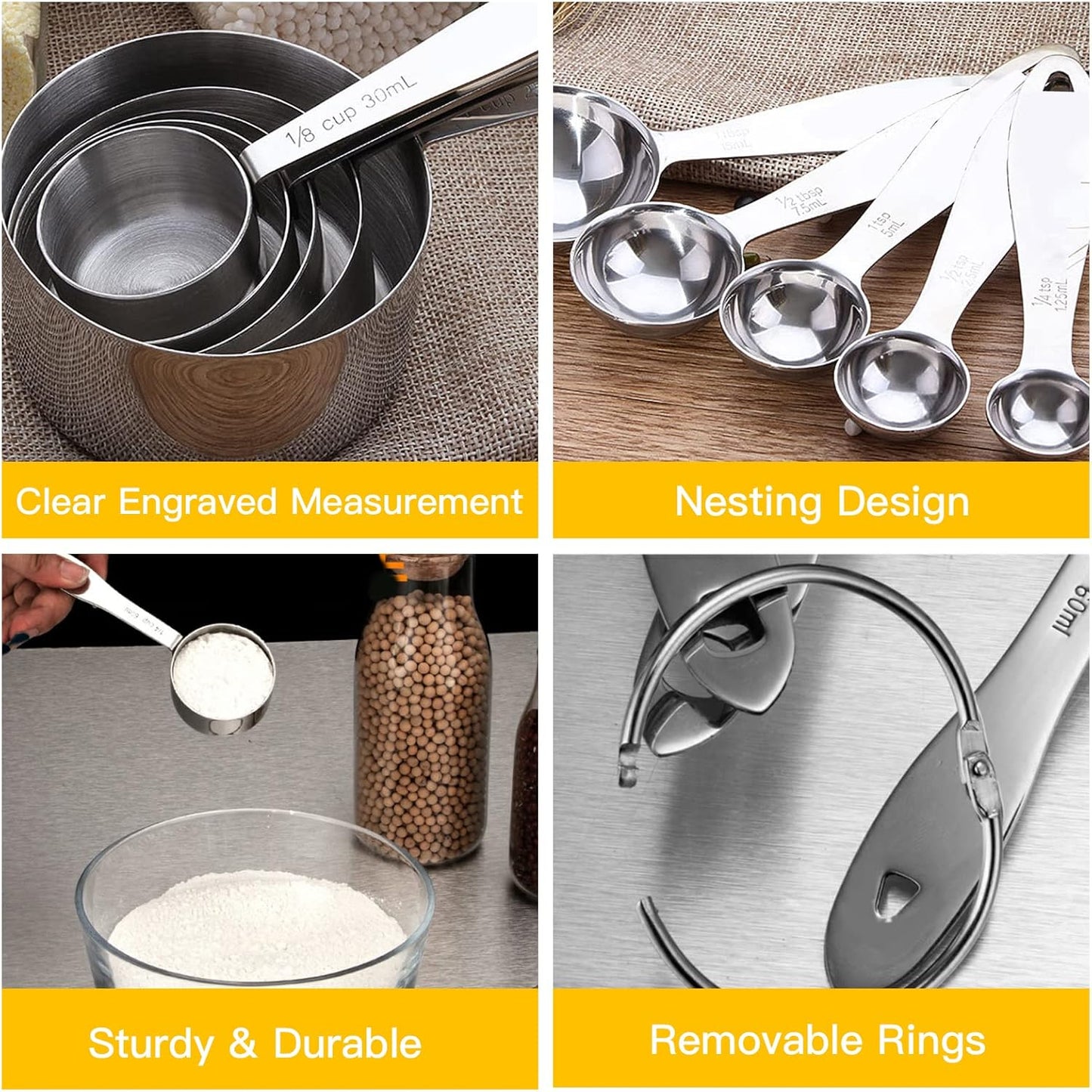 Joyhill Stainless Steel Measuring Cups and Spoons Set of 10 Piece, Stackable, Nesting Metal Measuring Cups for Dry & Liquid Ingredients, Cooking & Baking