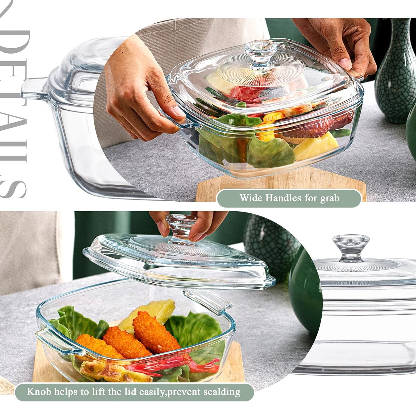 Maxcheck 2 Pieces Glass Casserole Dish with Lid Baking Casserole Dish Covered Cookware Microwave Bowls with Handle for Kitchen Restaurant Home Party Cooking, Oven Safe (Square, 0.8L/ 1.5L)