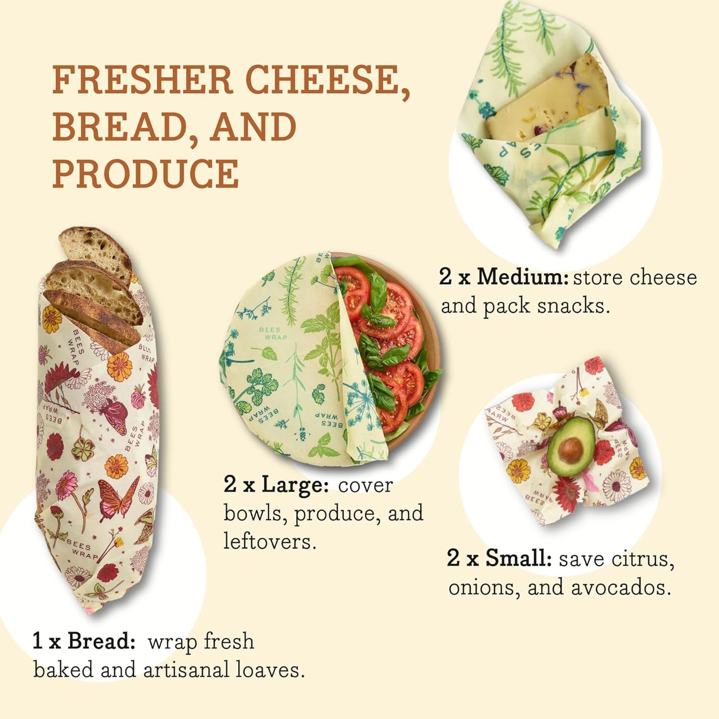 Bee's Wrap Vegan Beeswax Wraps for Food - Assorted 7 Pack (2S, 2M, 2L, & 1 Bread) Made in USA Reusable & Organic Food Wraps & Bowl Covers - Eco-Friendly Alternative to Aluminum Foil & Plastic Wrap