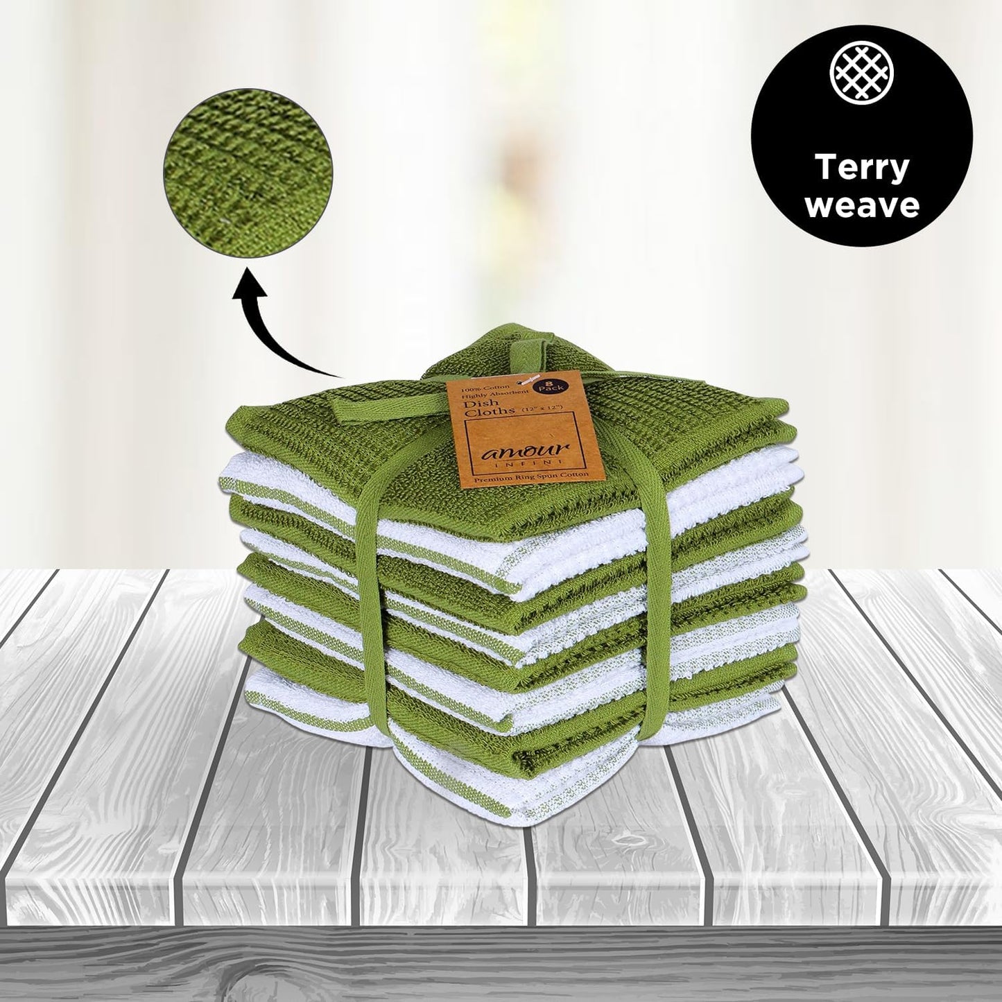 AMOUR INFINI Dish Cloths for Washing Dishes Set of 8 - Highly Absorbent, Super Soft Kitchen Dishcloths - Reusable Quick Dry Dish Rags for Cleaning & Drying Kitchen Linens (12x12 Inch - Green)