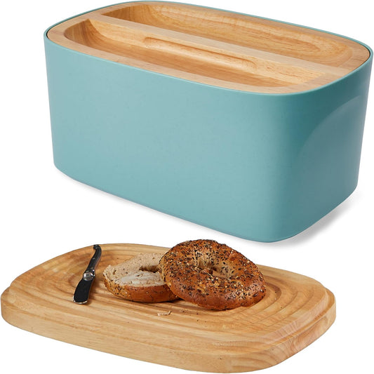Sonder Los Angeles, Modern Bamboo Fiber and Recycled Plastic Bread Box (Blue Green) for Kitchen Countertop with Reversible Bread Board Wood Lid 14.25 x 9.25 x 7 in
