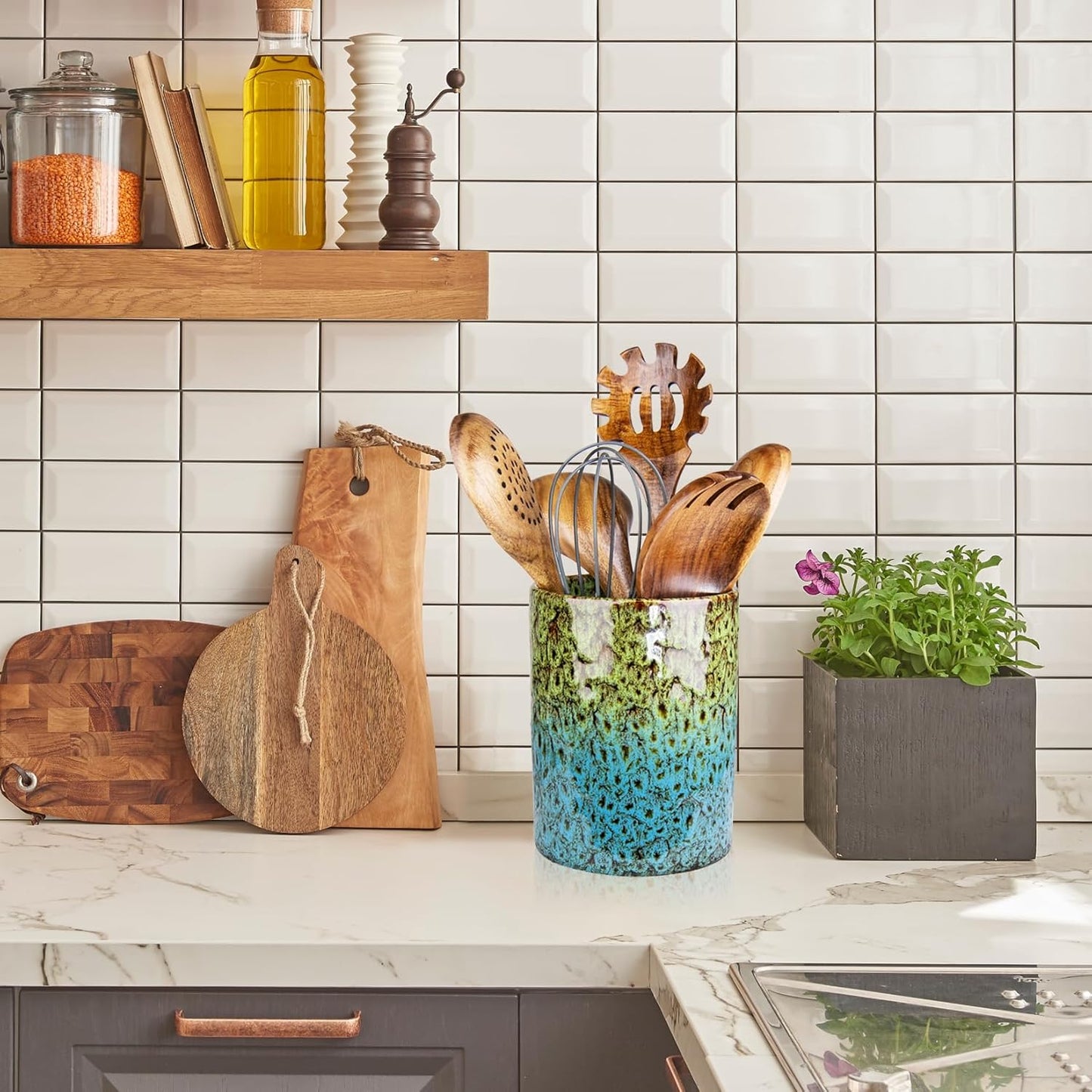 Utensil Holder, Ceramic Kitchen Utensil Holder for Countertop, Large Cooking Utensil Crocks for Kitchen Counter, Morden Utensil Organizer for Spatula, kitchen Decor,Green & Blue