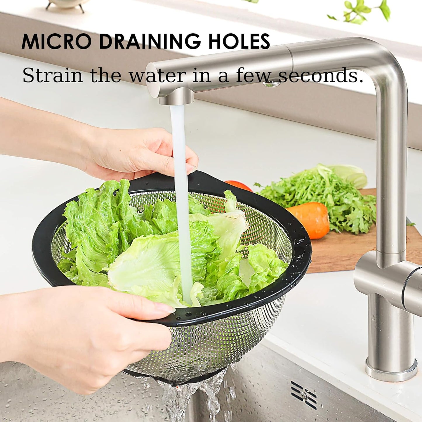 Rorence Stainless Steel Colanders Set for Kitchen - 2.5 and 4.3 Quart Capacities Kitchen Strainer Set of 2 with Black Non-Slip Handles