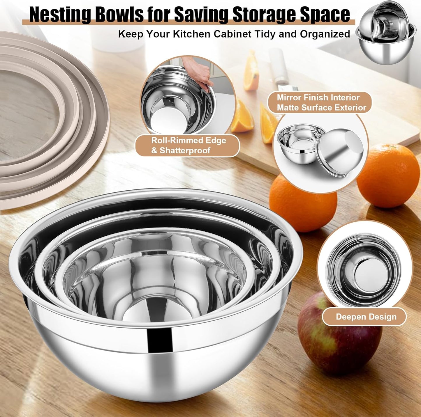 E-far Mixing Bowls with Lids and Graters, Stainless Steel Salad Mixing Bowl with Transparent Lid Set of 3, Metal Nesting Salad Storage for Kitchen Prepping/Serving/Baking, 4.6/2.6/1.5QT - Khaki