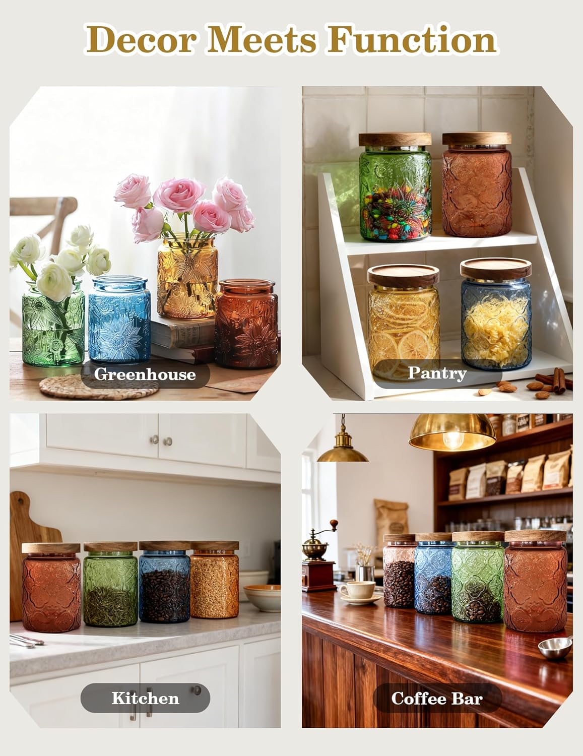 Glass Jars with Airtight Wood Lids – 24 OZ Kitchen and Pantry Canisters Sets, Decorative Vintage Storage Containers for Candy, Coffee, Cookie, Cereal, Flour, Sugar, Tea, Set of 4 Begonia