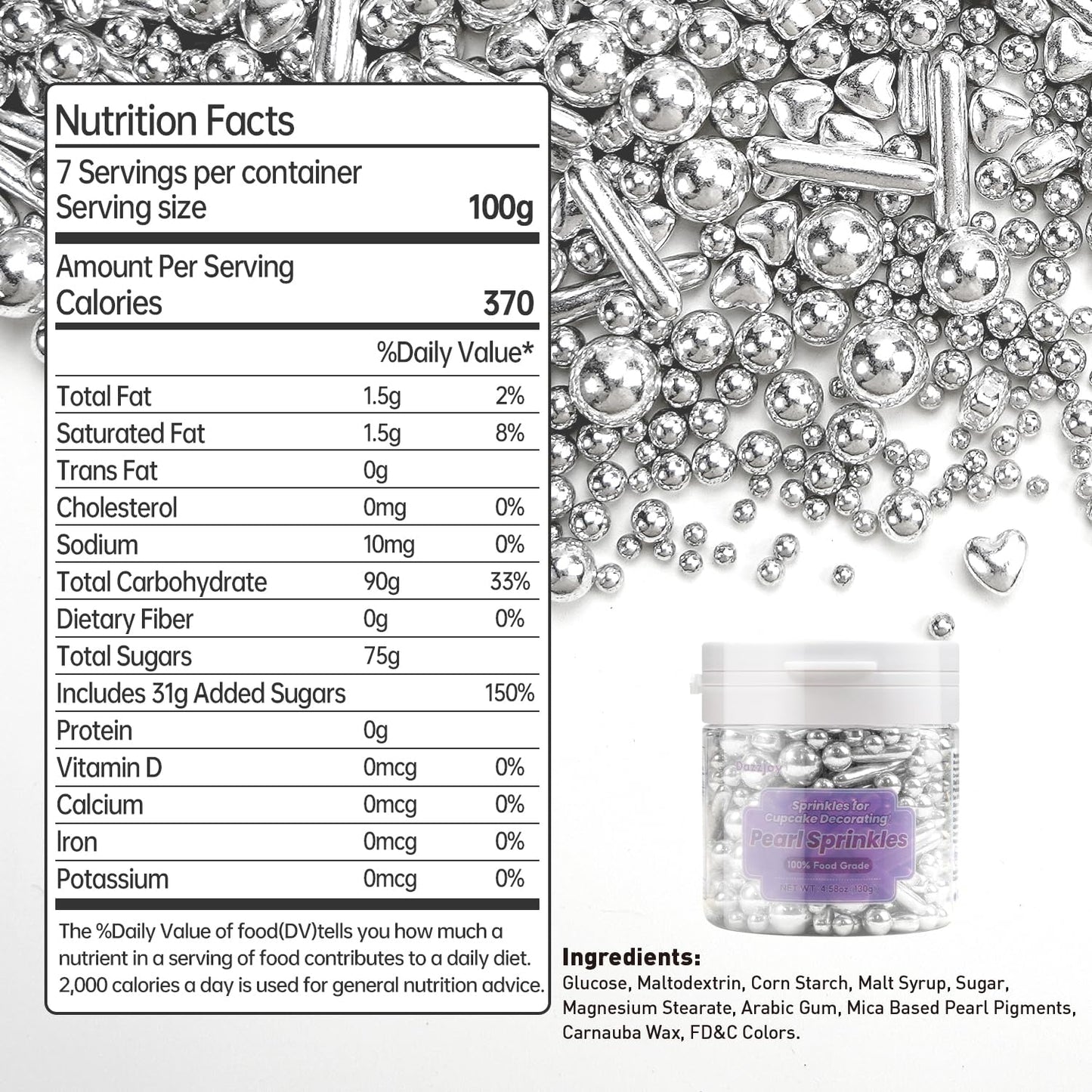 Dazzjoy Edible Silver Pearl Heart Rods Sprinkles, 130g/4.58oz, Mix Size, Silver Pearl Sprinkles for cupcake decorating, Cupcake Toppers Cake Decorations