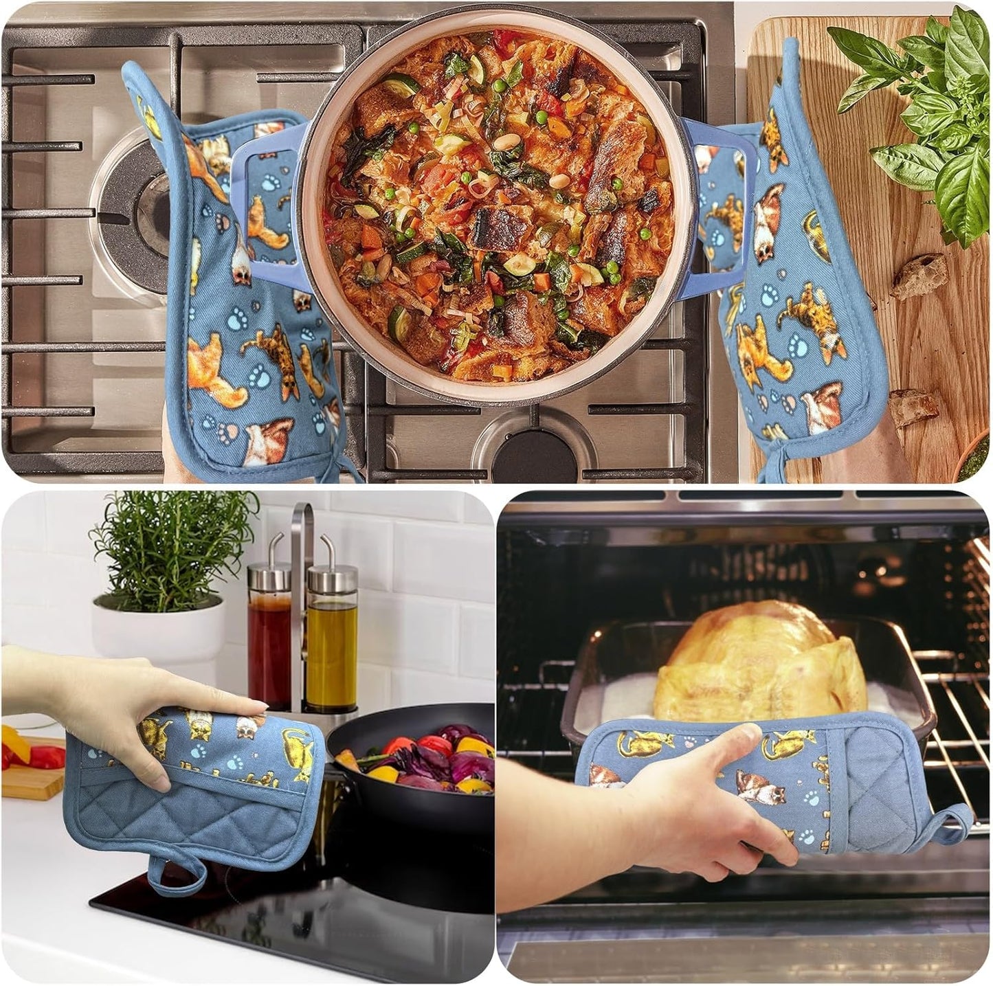 Pot Holders Set of 2 Heat Resistant 480 ℉Non Slip Clear Silicone Printed Comfortable Cotton Lining Kitchen Women Men Cooking Baking Microwave Machine Washable (Cat, Blue potholders)