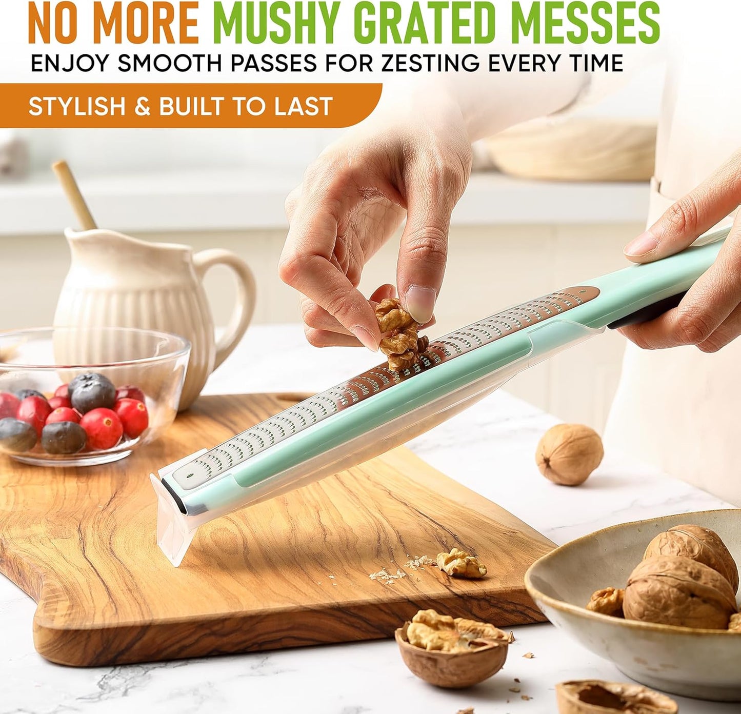 Spring Chef Premium Lemon Zester Grater with Handle - Fruit, Garlic, Lime, Orange, Nutmeg, Garlic Grater - Heavy Duty Kitchen Tool - Stainless Steel Citrus Zester with Blade Cover - Fine Shred, Mint