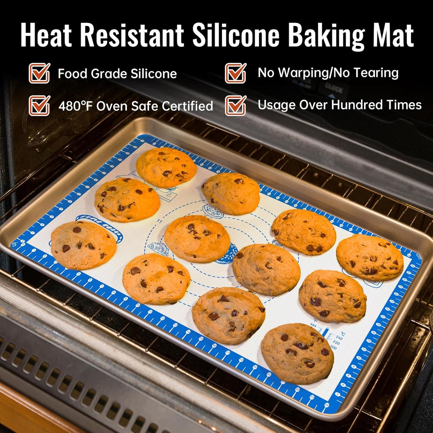 Baking Mats Silicone for Baking Sheet, non Stikc Pastry Mat for Dough Rolling, Silicone Macaron Baking Sheet for Cookie, Pizza, Surdough, Pastry,Dough Rolling out, Non Stik and 480°F Oven Safe