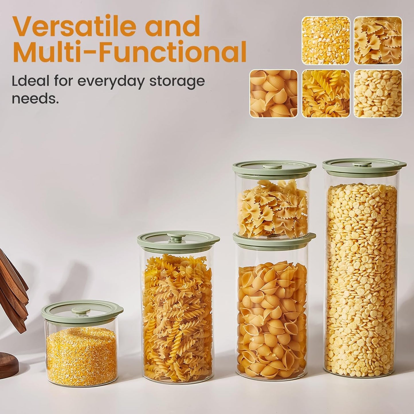 Glass Food Storage Jars with Lids[Set of 5], Perfect for Pasta, Cookies, Nuts, Coffee, Cereal, Flour, and More, Organize Your Kitchen with these BPA-Free Glass Jars with Silicone Lids