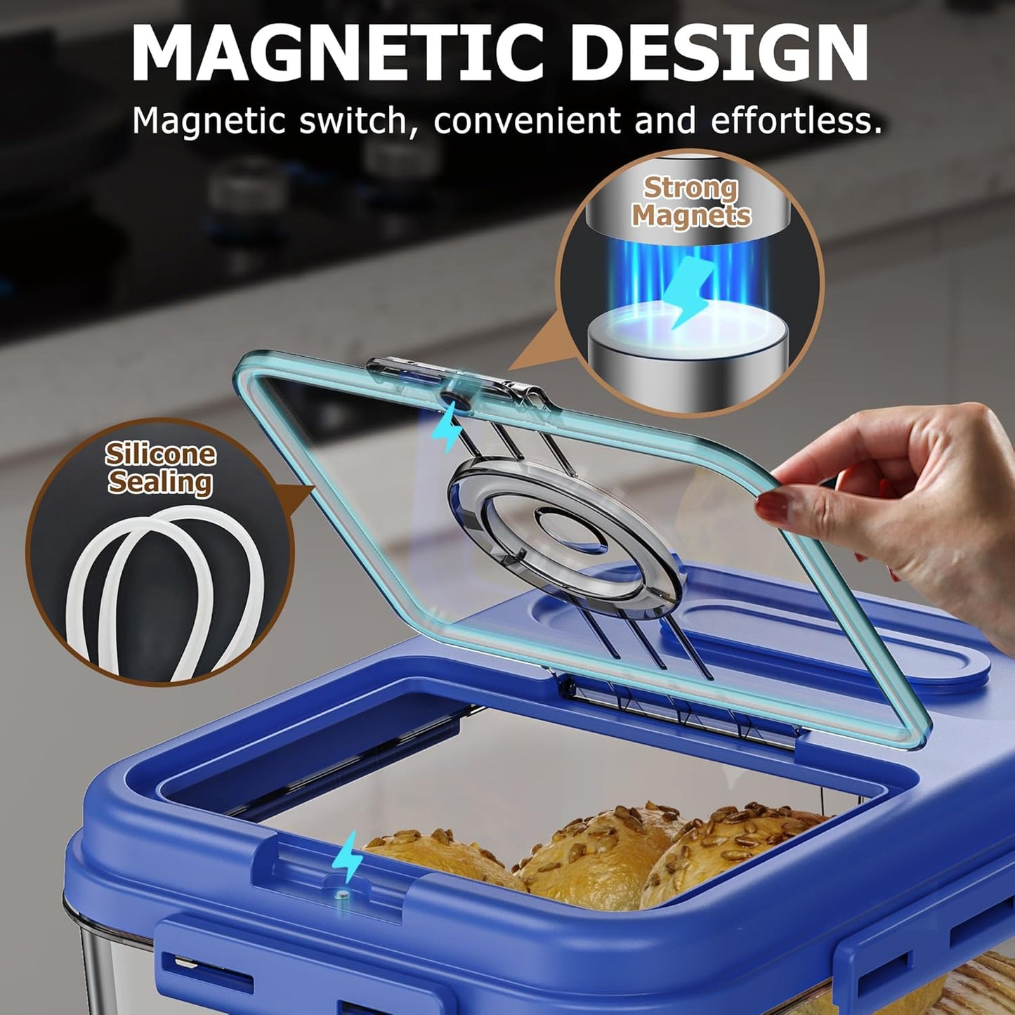 Bread Box For Kitchen Countertop, Airtight Bread Storage Container, Bread Keeper For Homemade Bread, Cookies, Cereal, Fruits, Large Blue.