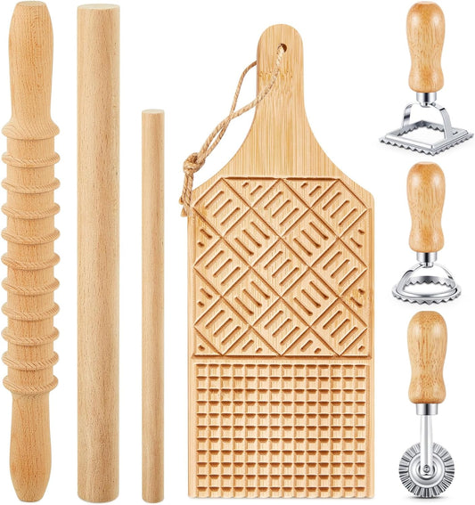 Tioncy 7 Pcs Gnocchi Pasta Making Tool, Wood Gnocchi Board with Ravioli Stamp and Rolling Pin Set Homemade Kitchen Gift for Baking Lovers(Plaid and Stripe Style)