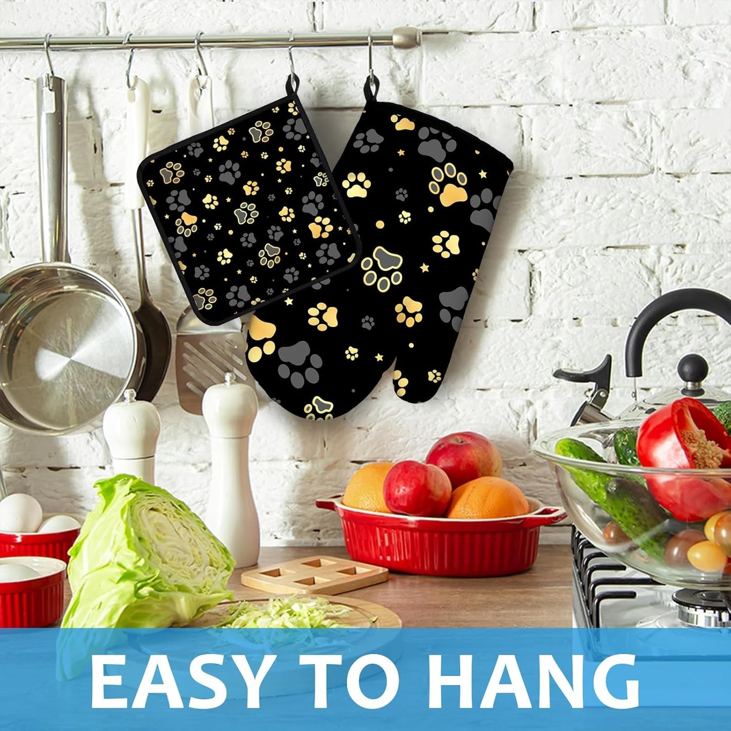 Gold Dog Paw Print Oven Mitts and Pot Holders Sets Heat Resistant 4Pcs Potholders Oven Gloves Hot Pads for Kitchen Baking Cooking Grilling BBQ