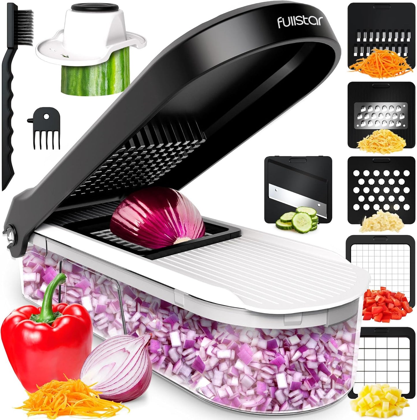 Fullstar Mandoline Slicer for Kitchen - Vegetable Chopper, Onion Potato Food Veggie Fruit Slicer and Cutter with Container, Kitchen Gadgets & Accessories, Home Essentials (6-in-1, White/Black)
