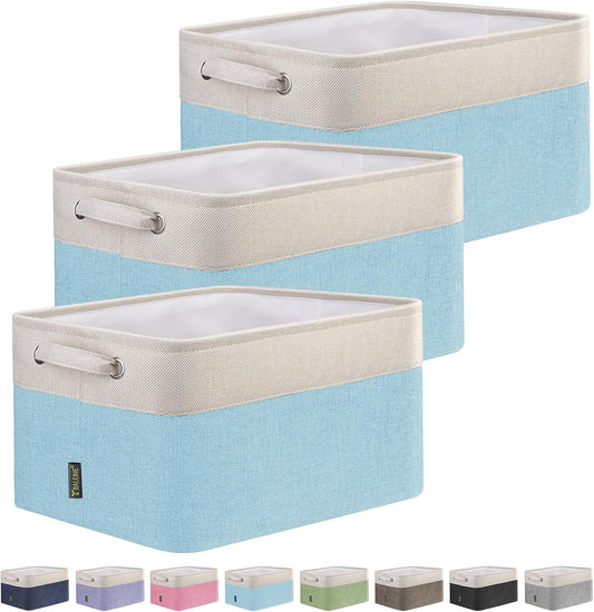 BALEINE 3 Pack Fabric Storage Bins for Shelves, Linen Storage Baskets for Organizing, Decorative Closet Bins for Clothes, Home (Skyblue, 15''x11''x9.5'')