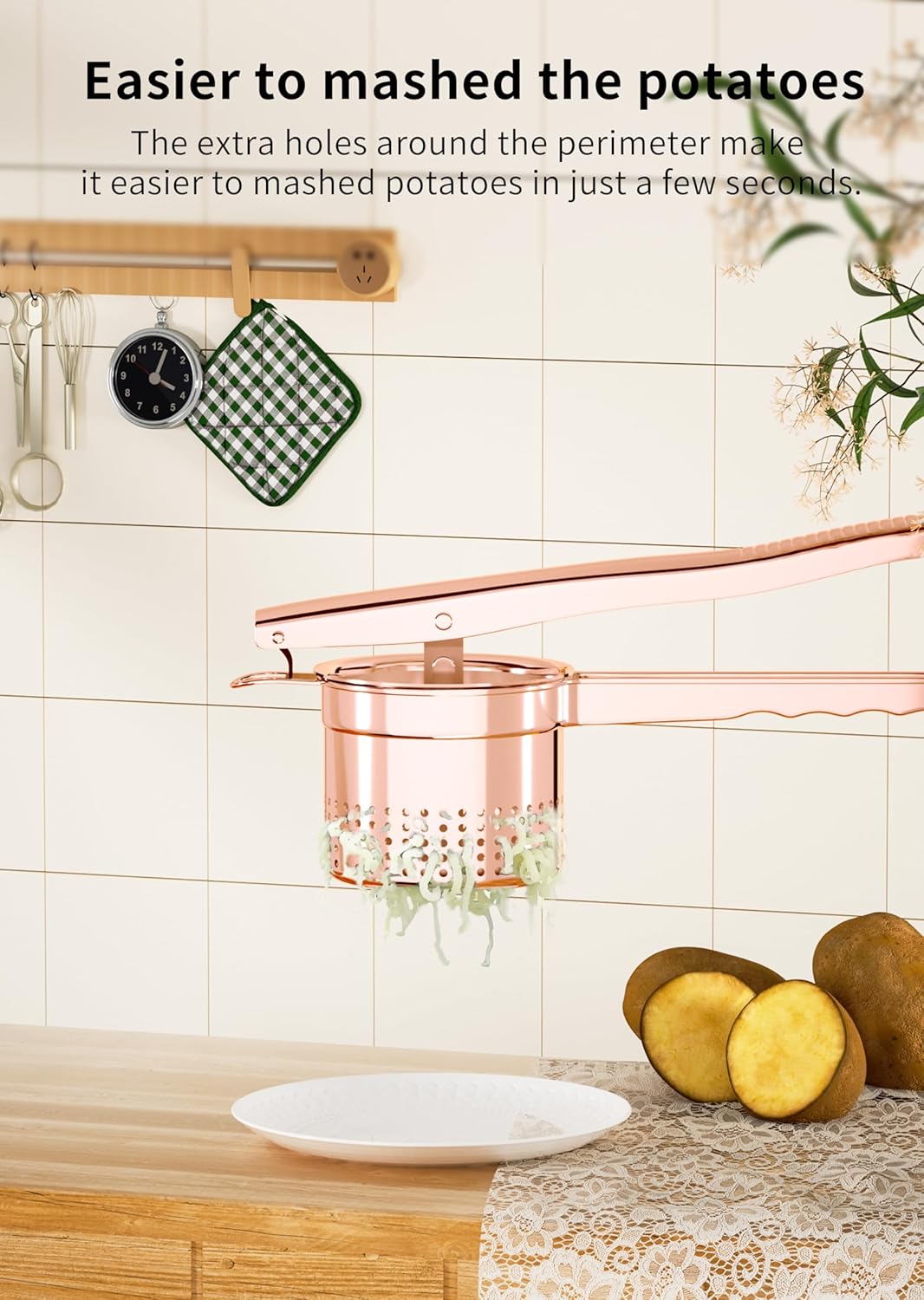 Large 15oz Potato Ricer Masher, Heavy Duty Stainless Steel Potato Masher with Ergonomic Handle, Masher and Ricer Kitchen Tool for Mashed Potatoes, Noodle Maker, Rose Gold