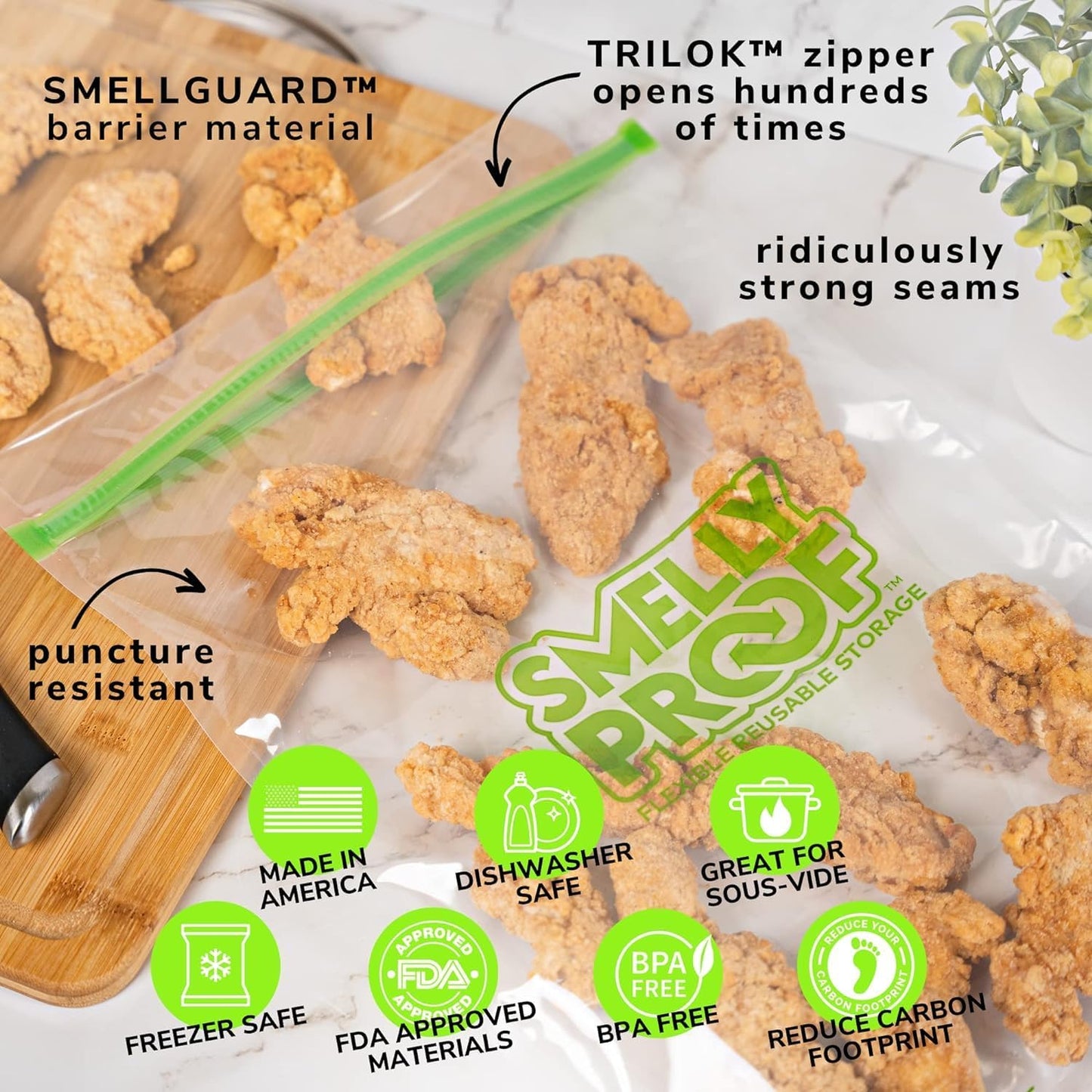 Smelly Proof 50pk Reusable Freezer Bags - Made in USA, Dishwasher-Safe, BPA FREE, NO PEVA, XXL 2-Gallon, Clear FLAT 12" x 16"