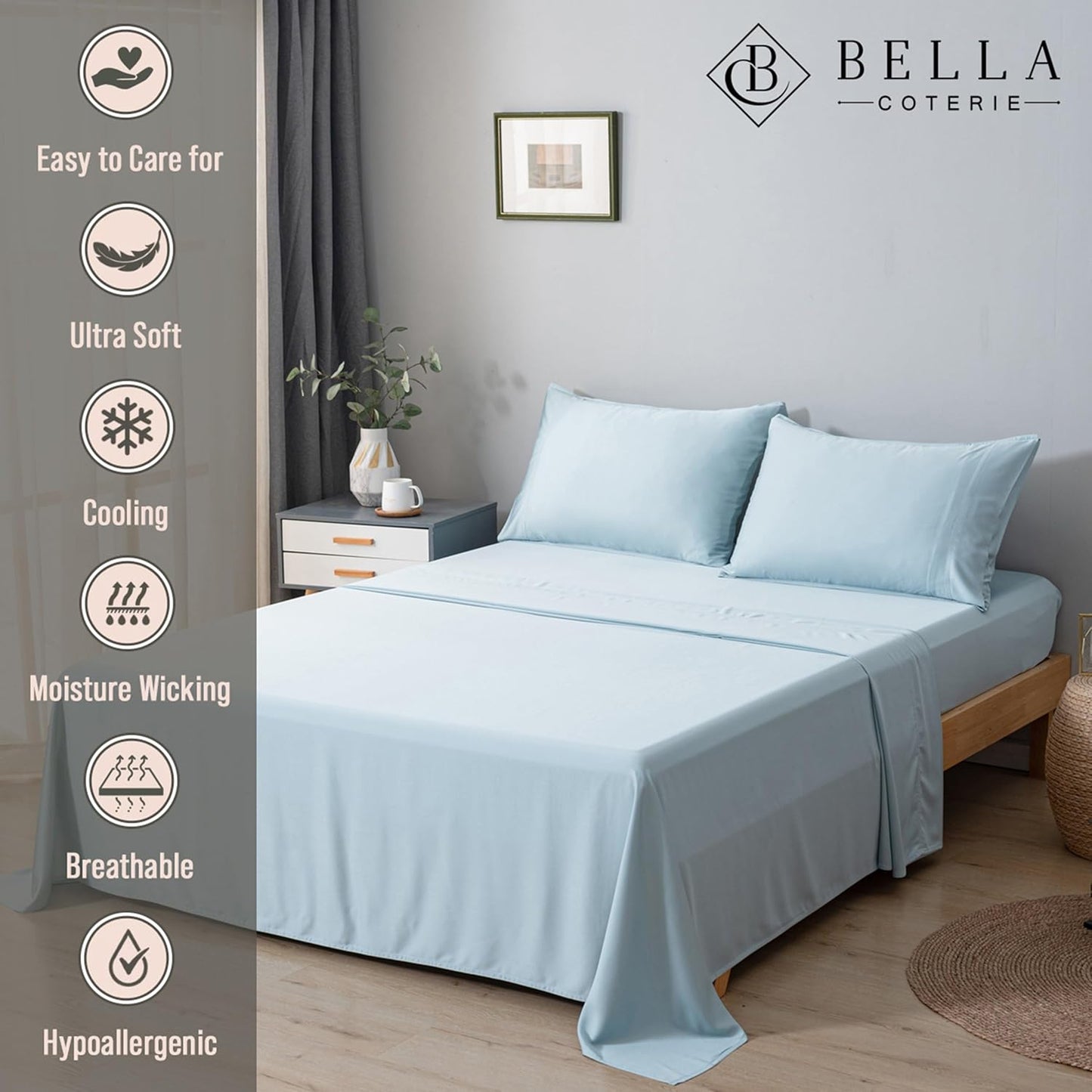 Bella Coterie Luxury Bamboo Viscose Queen Size Sheet Set | 100% Organically Grown | Ultra Soft | Cooling for Hot Sleepers | 18" Deep Pocket [Coastal Blue]