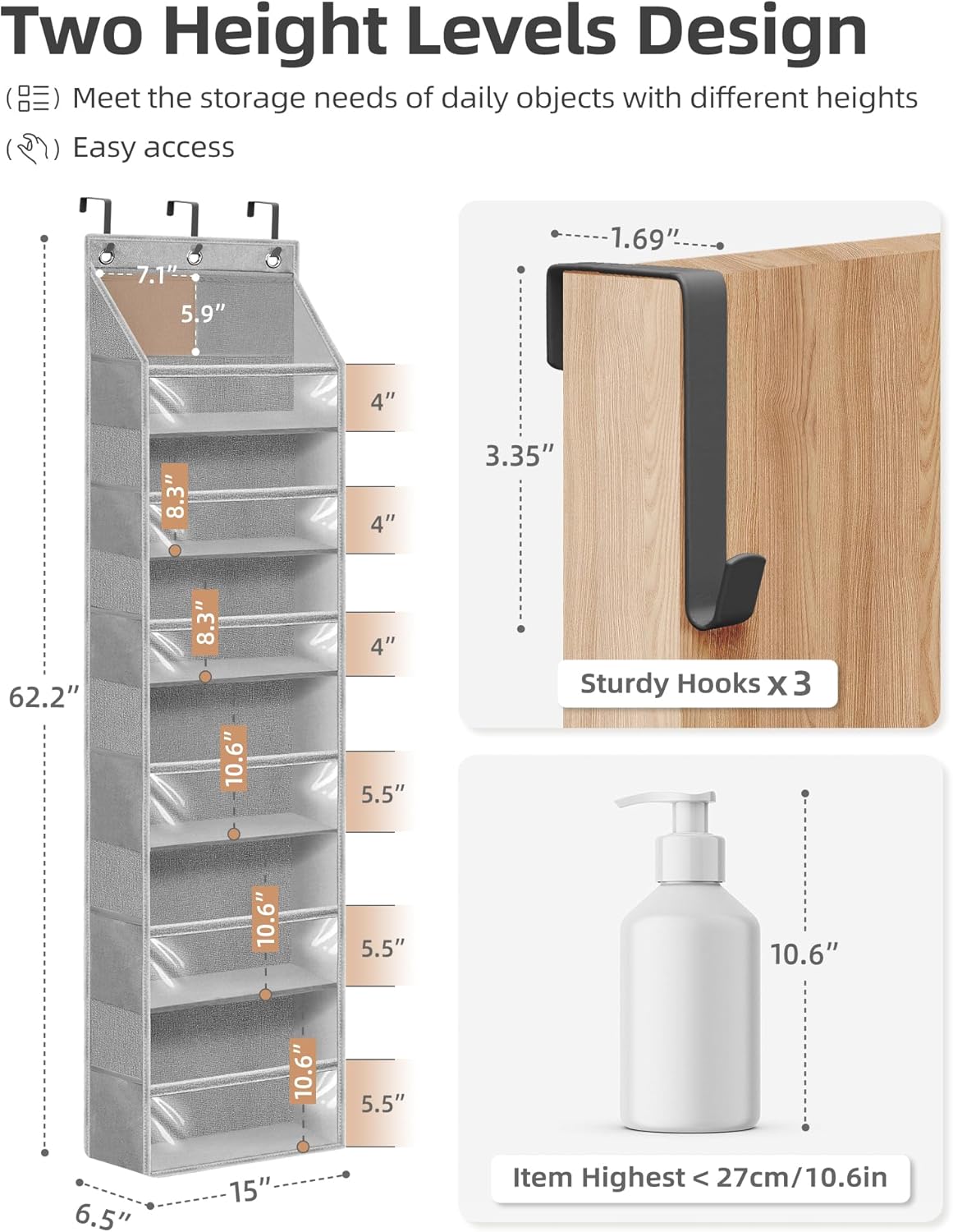 STORAGE MANIAC Over the Door Organizer Large Capacity Hanging Organizer, Clear Deep Pockets Behind Door Closet Organizer and Storage for Nursery, Bathroom, Bedroom, Pantry, 1 Pack Grey