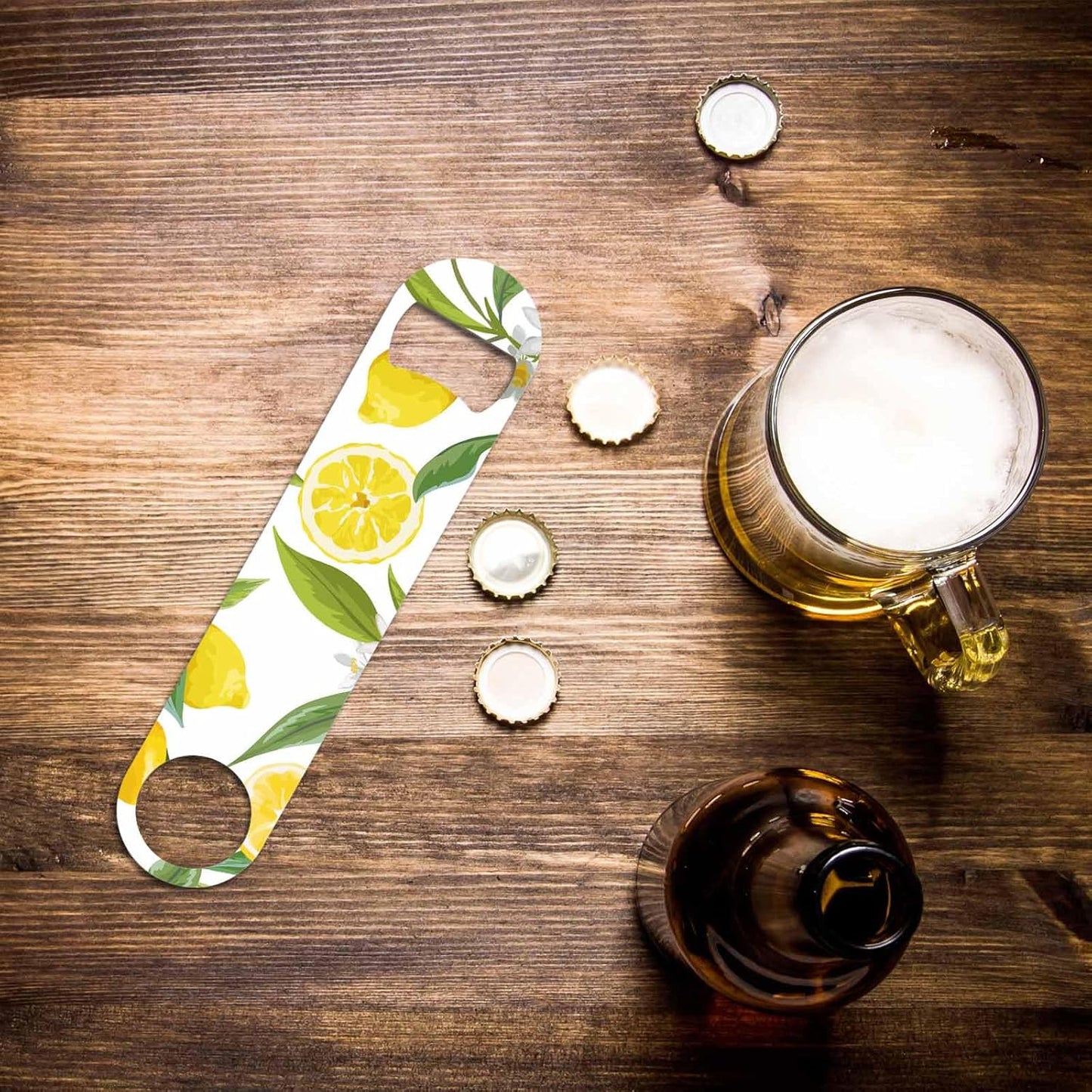 Lemon Stainless Steel Bottle Opener Yellow Fruits with Flowers and Leaves Pattern Flat Beer Bottle Opener Keychain for Home Kitchen Bar Restaurant Party Birthday Gift