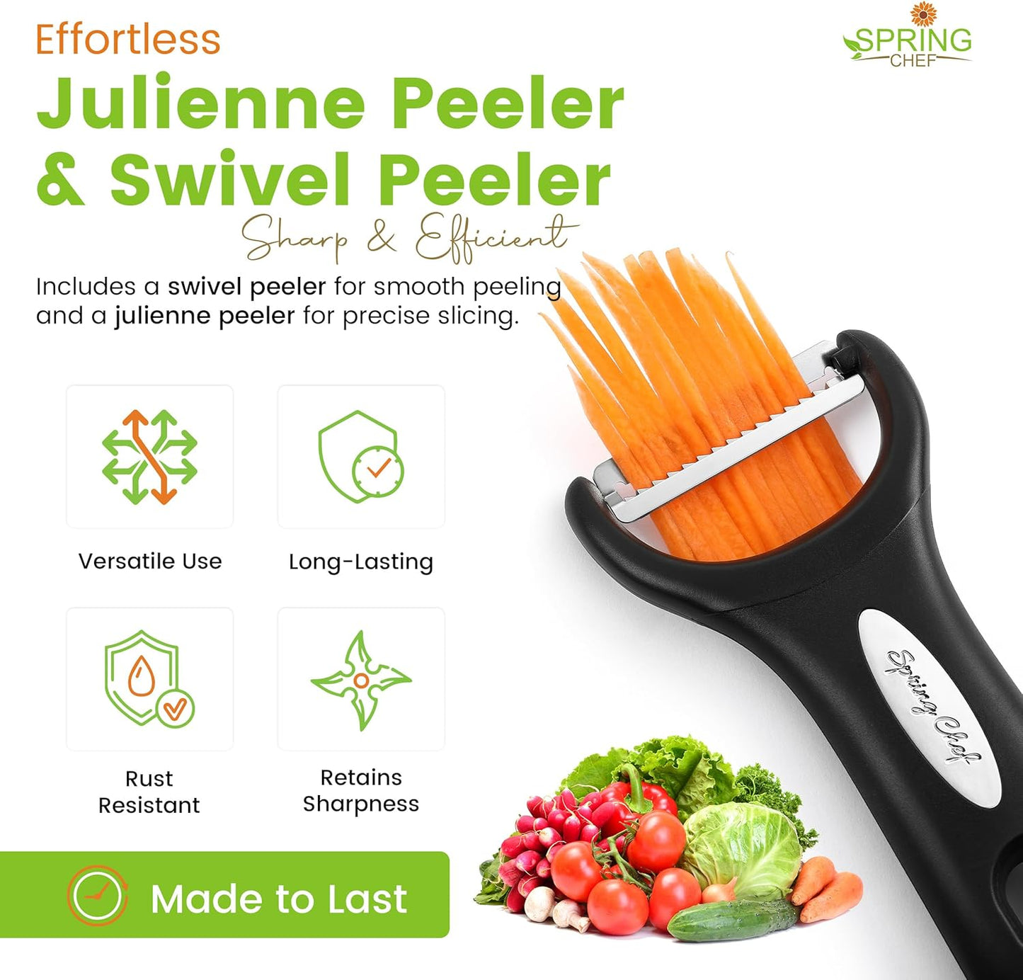 Spring Chef Swivel & Vegetable Julienne Peeler Set for Kitchen with Stainless Steel Sharp Blades - Potato Peelers with Soft Grip Handles & Blade Covers - Perfect for Carrot, Zucchini, Cucumber - Black