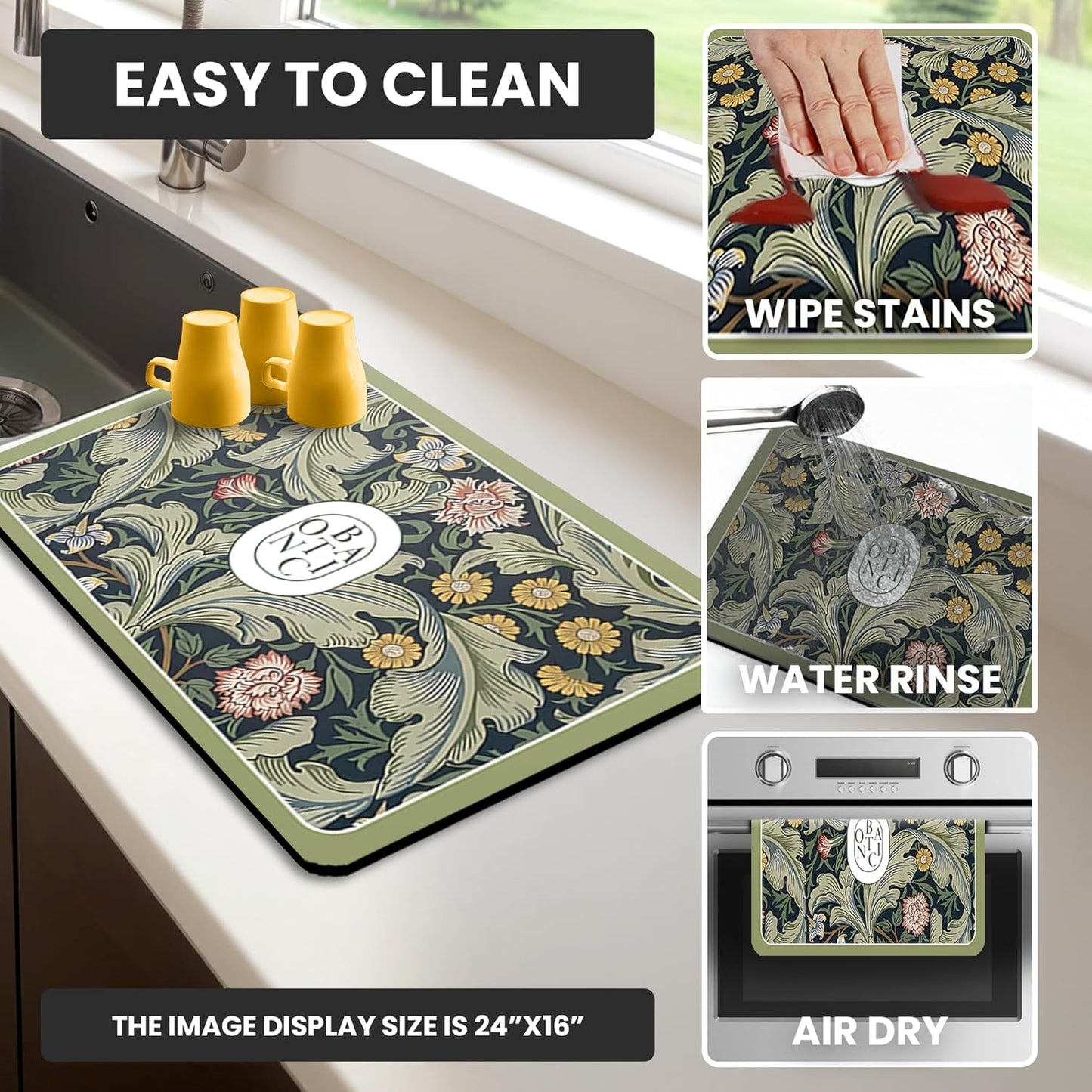 Dish Drying Mat Super Absorbent – 16" x 18" Coffee Mat for Countertops – Non-Slip Drying Mat for Kitchen Counter – Easy to Clean Water Absorbent Mat – Quick Dry Dish Mats (Green Flowers)