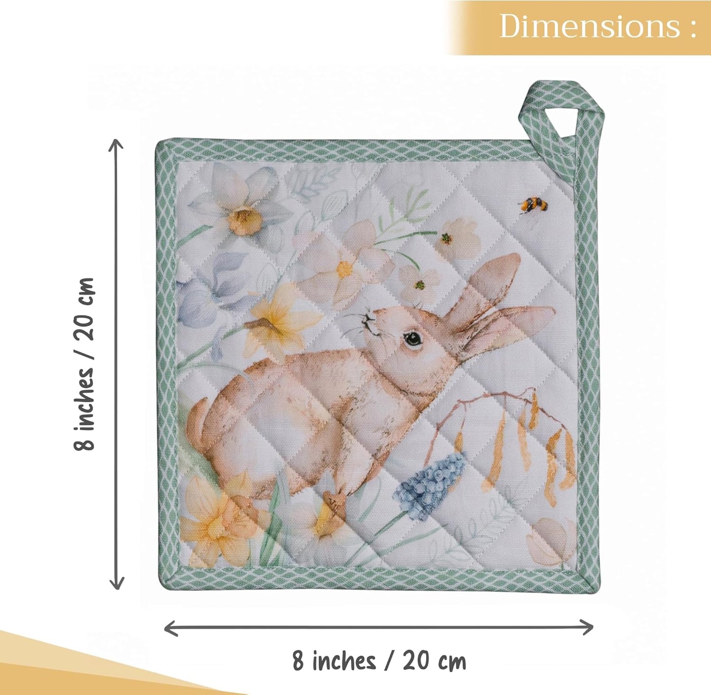 Maison d' Hermine Pot Holders Set 100% Cotton Heat Resistant Potholders 8" x 8" Hot Pads with Loop BBQ, Cooking, Baking, Grilling, Kitchen, Handling Hot Pans Spring/Summer (Pack of 2, Easter Dew)