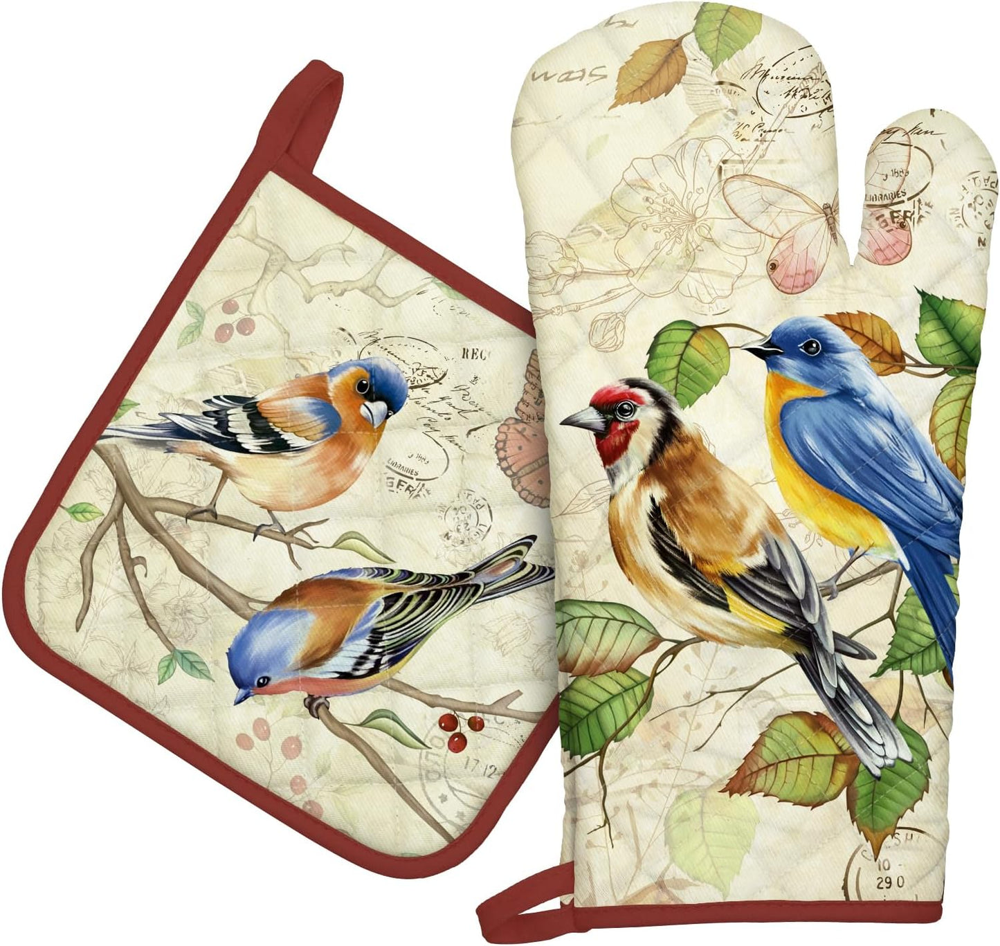 Vintage Bird Oven Mitts and Pot Holders Sets 2Pcs, 100% Cotton Heat Resistant, Extra Long Oven Gloves Potholder for Kitchen Cooking Baking Decoration