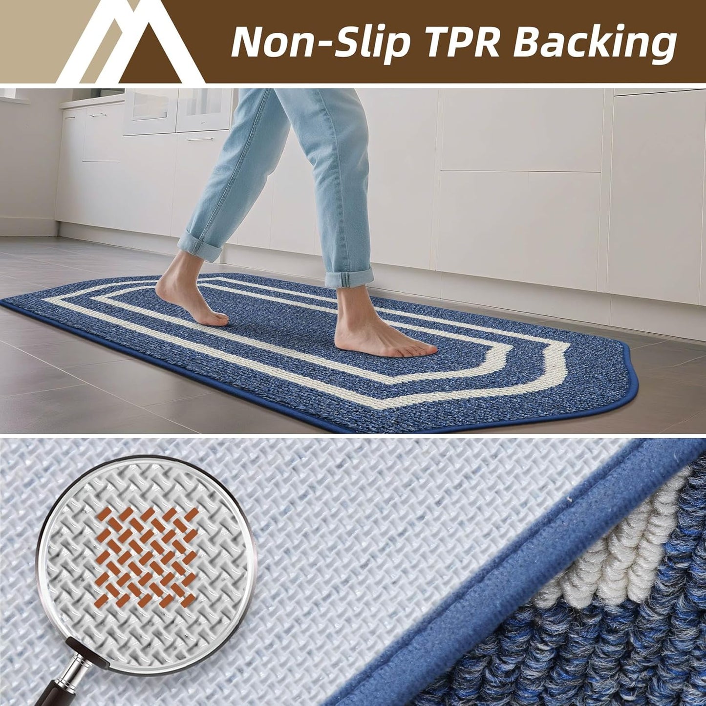 COSY HOMEER Long Kitchen Floor Mats for in Front of Sink Super Absorbent Kitchen Rugs and Mats 24"x79" Non-Skid Kitchen Mat Standing Mat Washable,Polypropylene,Blue,Frame