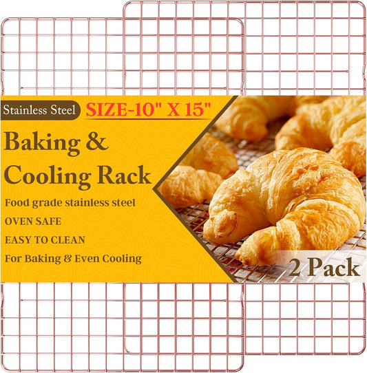 2-Pack Cooling Racks for Cooking and Baking - 10" x 15"Heavy Duty Stainless Steel Wire Rack for Baking, Grilling, Roasting - Oven & Dishwasher Safe - Fits Jelly Roll Sheet Pan（Rose Gold）