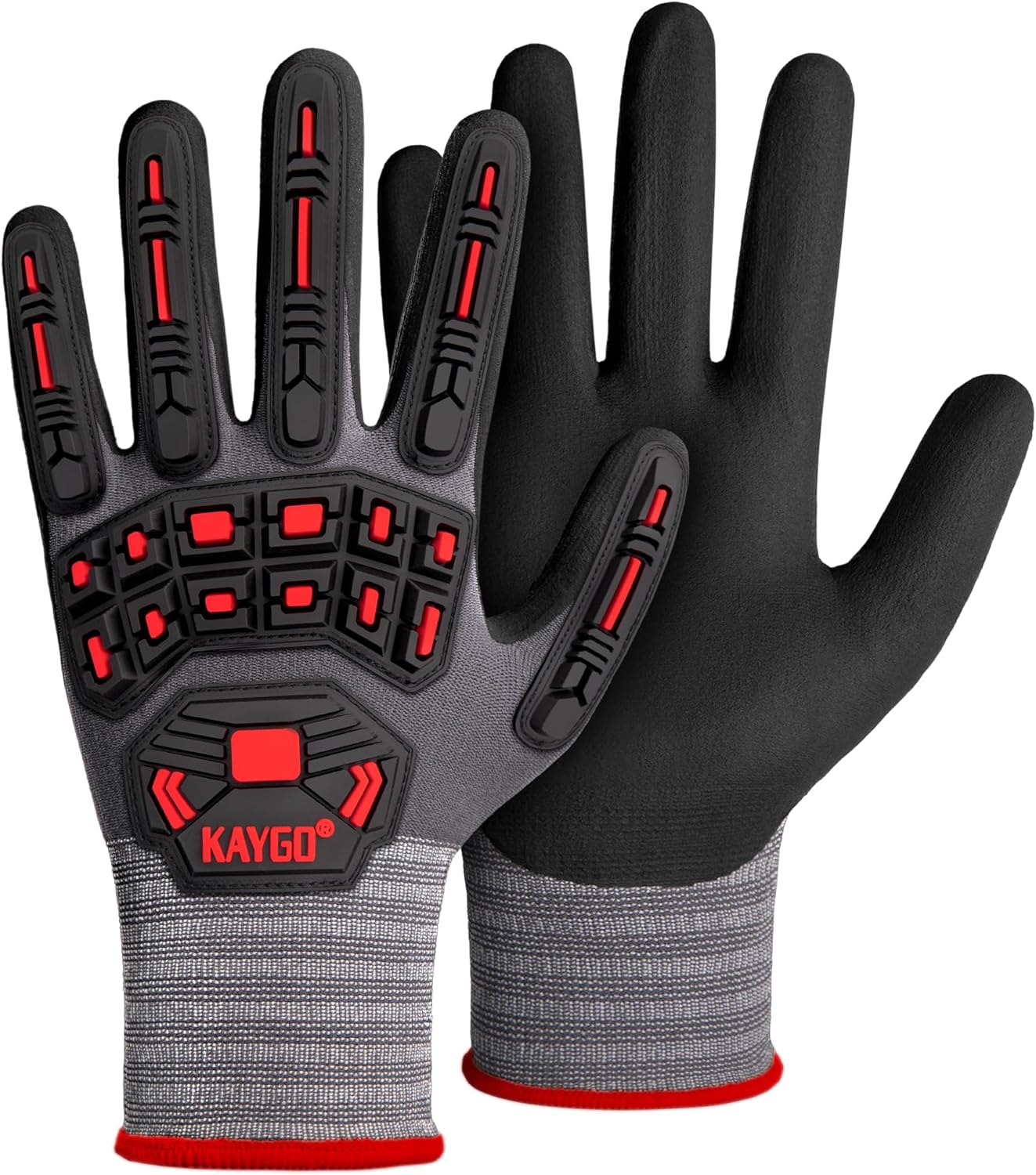 KAYGO Impact Reducing Work Gloves for Men,3 Pairs KG18N TPR Safety Work Gloves MicroFoam Nitrile Coated, Seamless Knit Nylon, Ideal for General Purpose,S